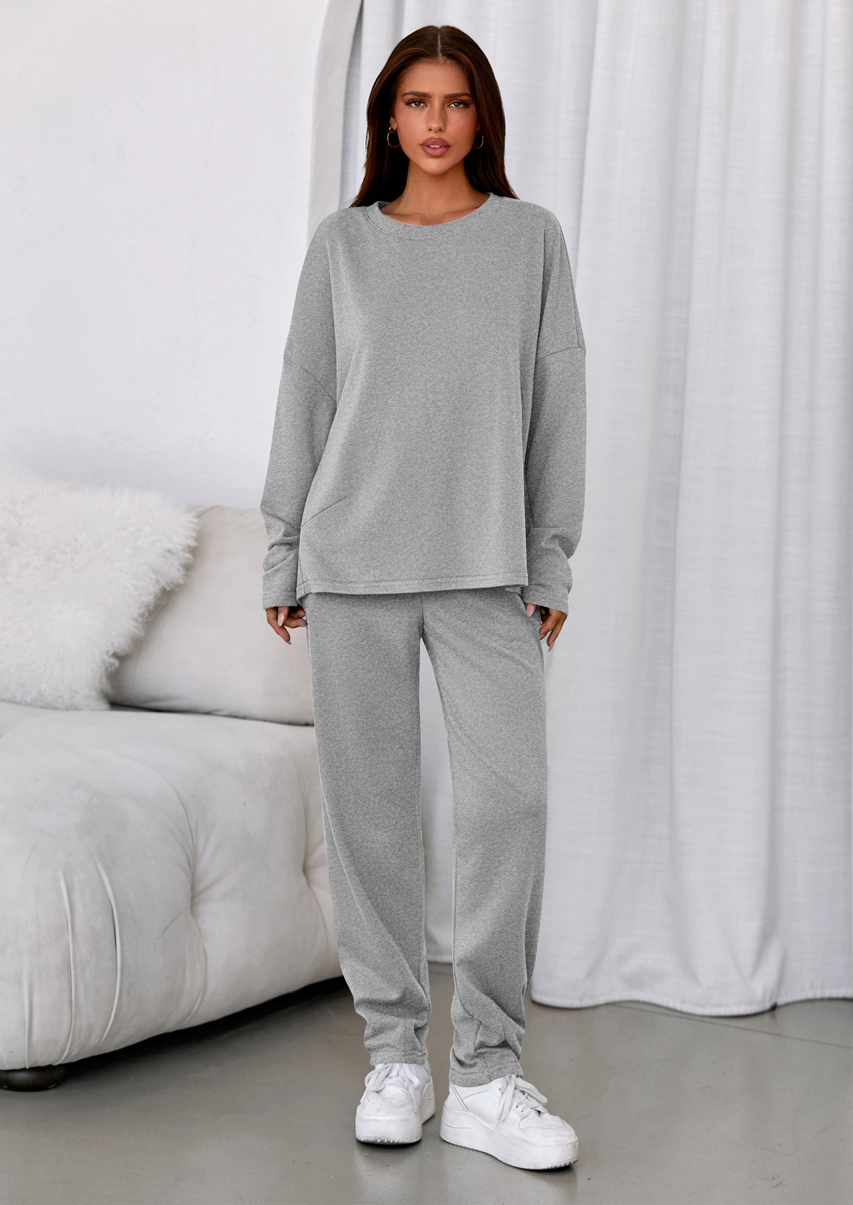 Chichi Womens 2 Piece Matching Lounge Sets Fall Long Sleeve Boatneck Sweatsuit Drawstring Sweatpants Pockets Grey
