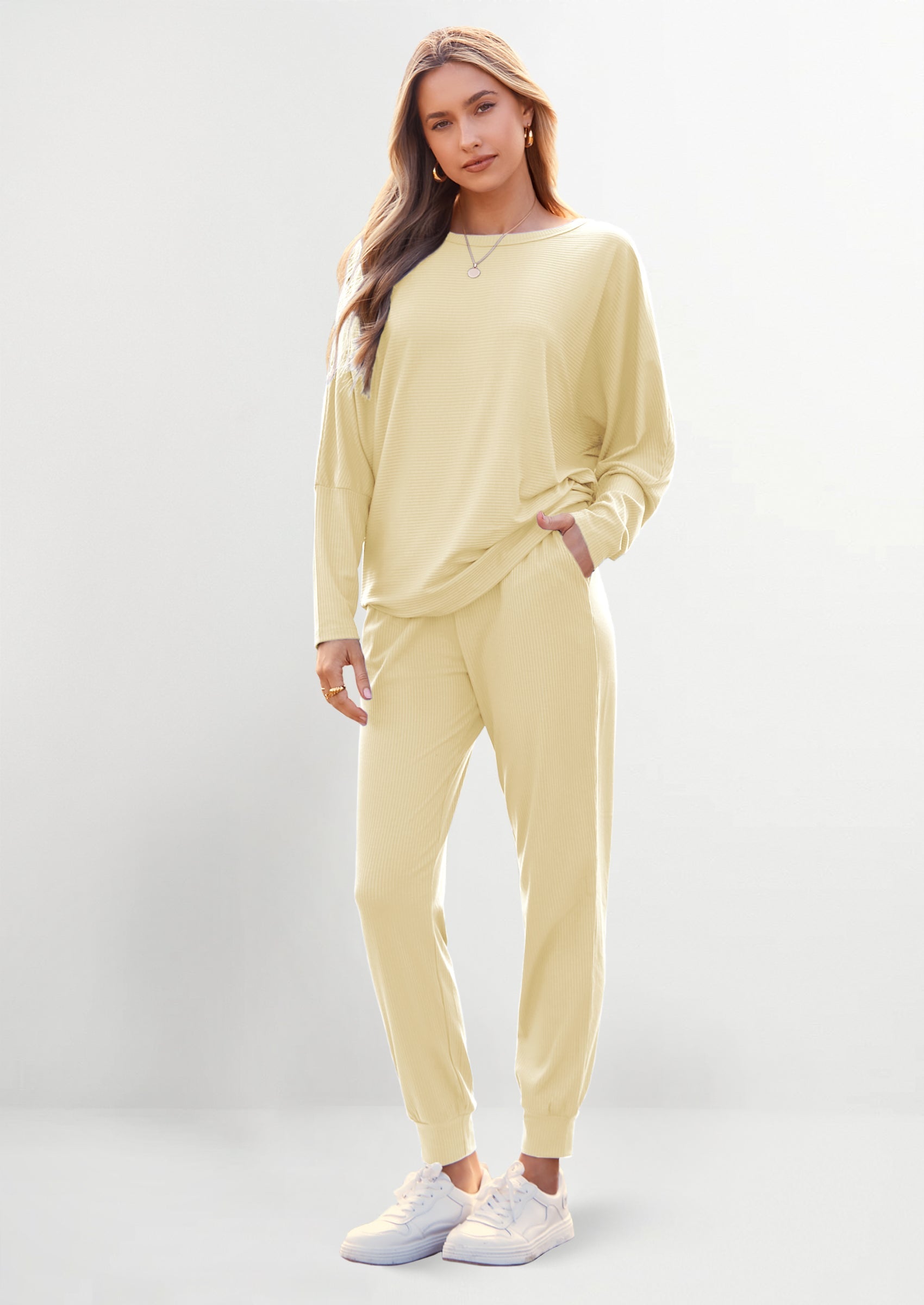 Chichi Women's Fall 2 Piece Lounge Set Long Sleeve Tops Ribbed Pants Spring Matching Sweatsuit Travel Outfits Clothes Light Khaki