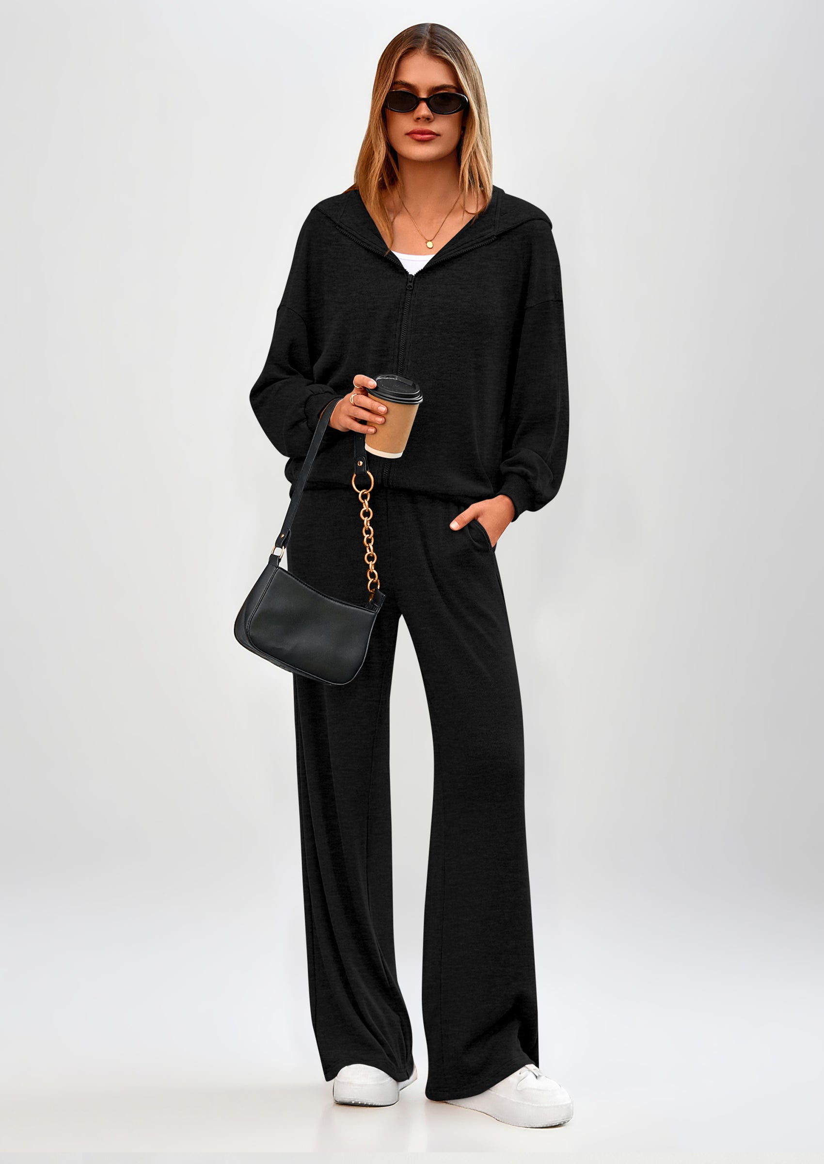 Chichi Women's 2 Piece Fall Lounge Sets Zip Up Hoodie Wide Leg Pants Tracksuit Matching Travel Outfits Clothes Black