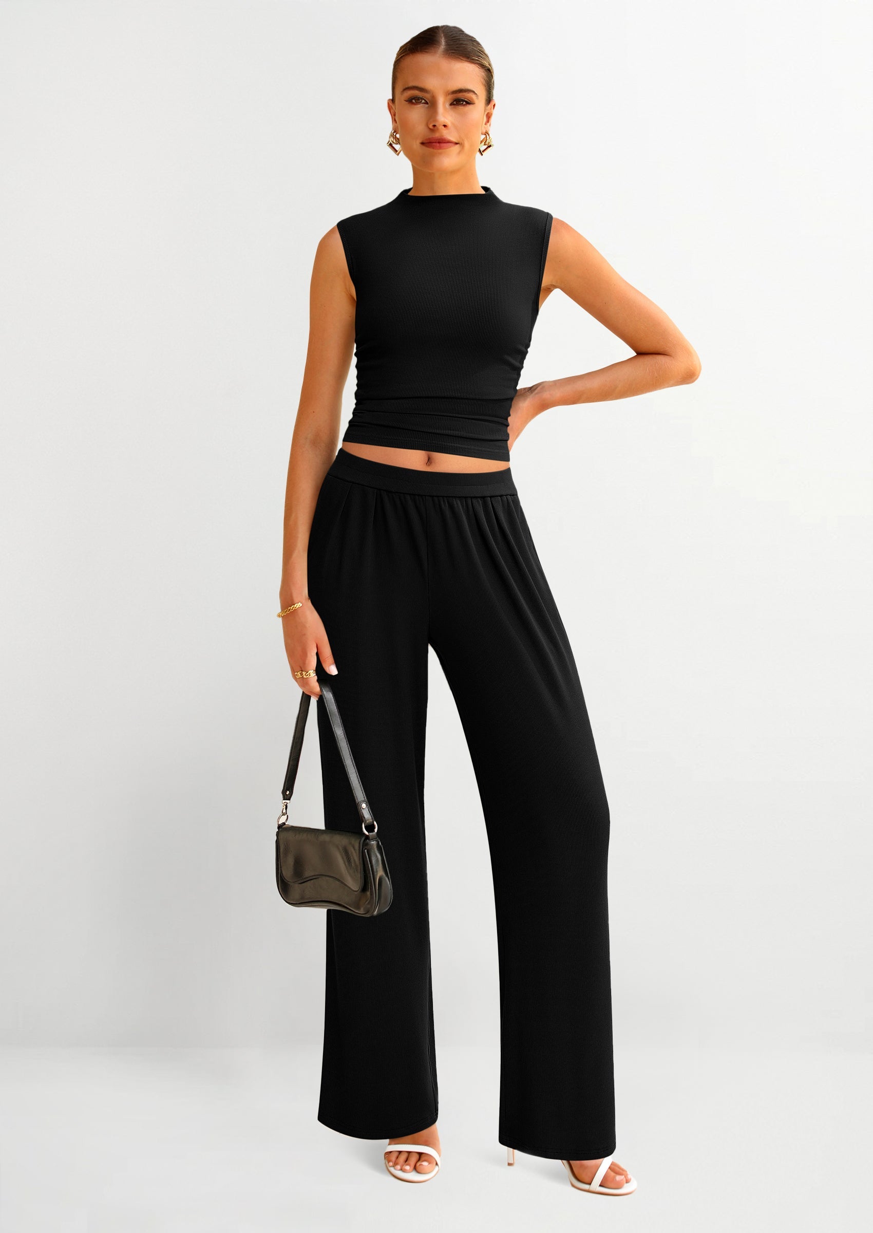 Chichi 2 Piece Sets for Women Summer Airport Travel Outfits Crop Tank Tops Wide Leg Pants Matching Lounge Sets Black