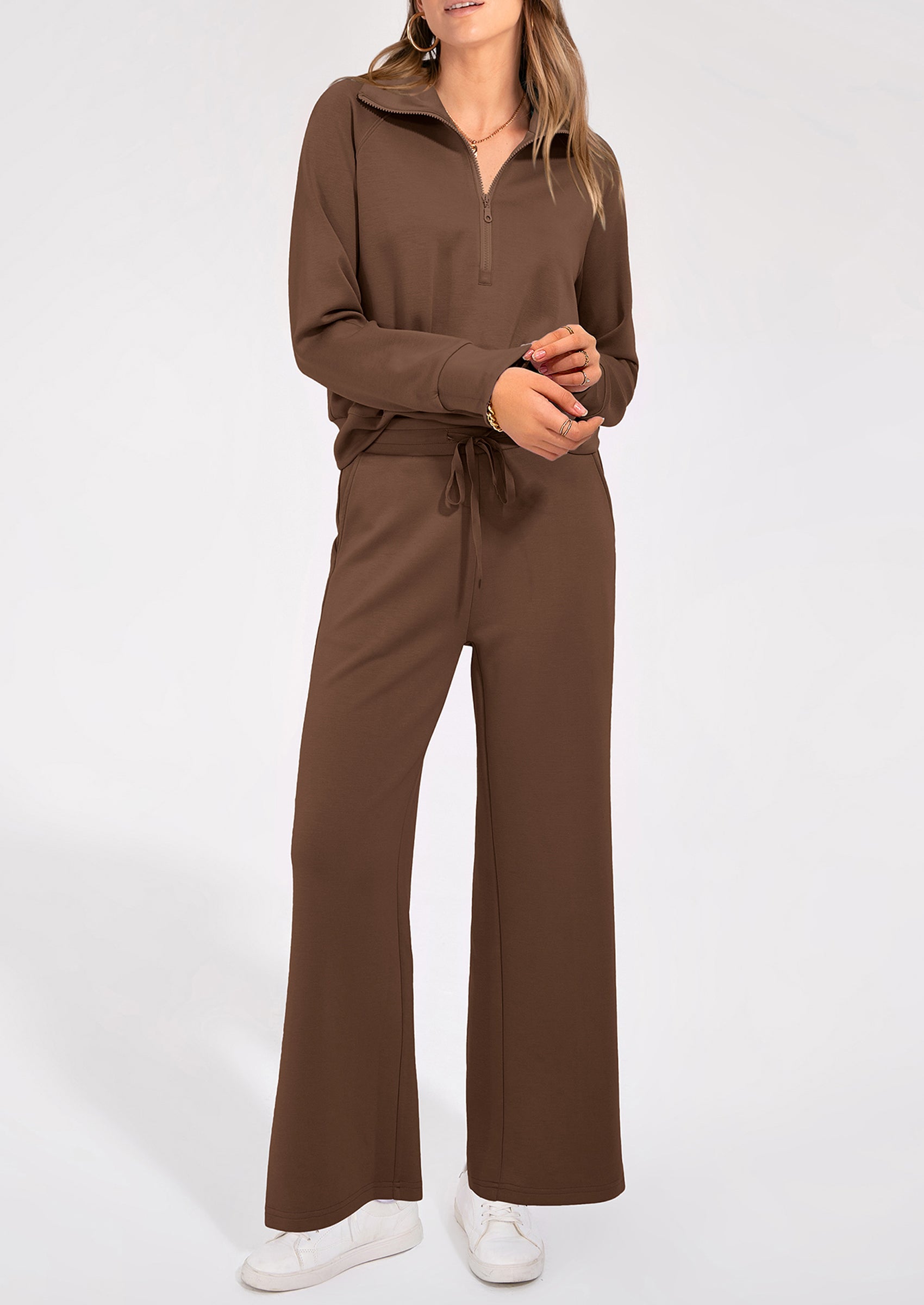 Chichi Women's 2 Piece Outfits Casual Lapel Half Zip Sweatshirts And Wide Leg Pants Tracksuit Sets Brown