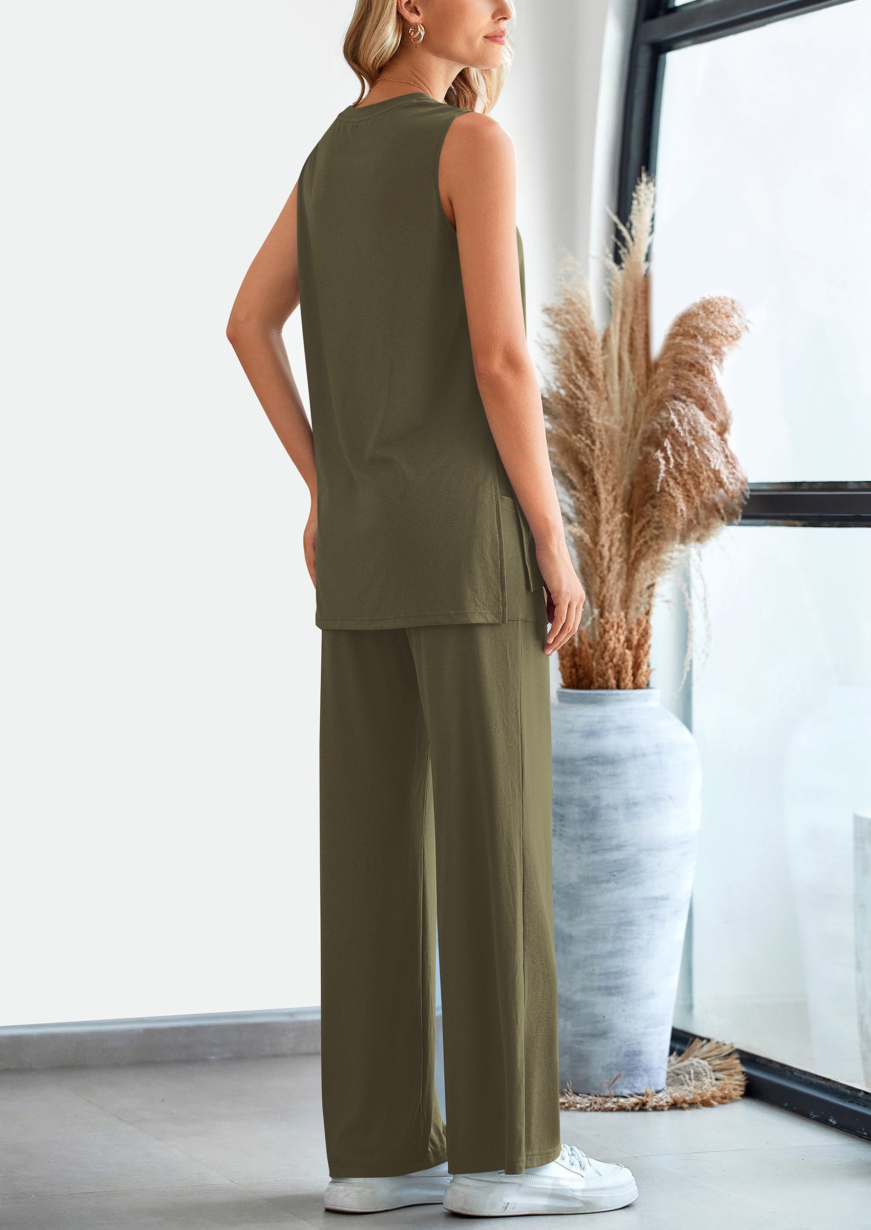 Chichi 2 Piece Set Loose Tank Top Wide Leg Pants Casual Matching Outfits Tracksuit Army Green