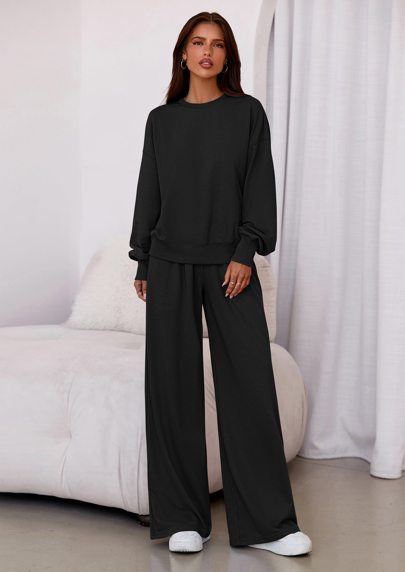 Chichi Womens 2 Piece Sets Long Sleeve Sweatshirt Wide Leg Pants Loose Matching Lounge Set Trendy Fall Outfits Black