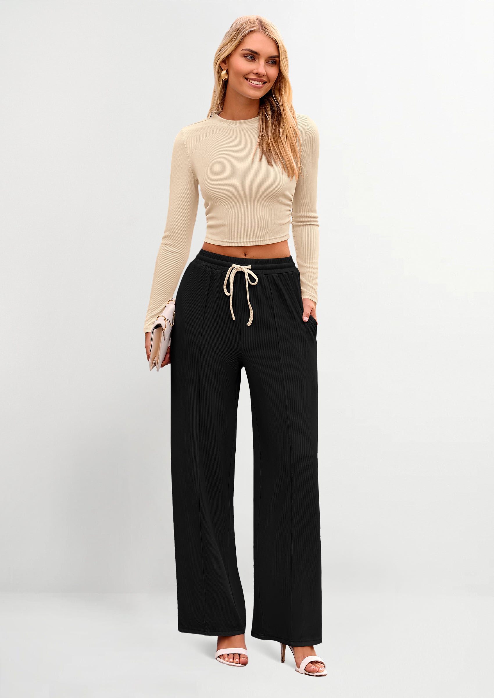 Chichi Women's 2 Piece Loungewear Long Sleeve Crop Top Wide Leg Palazzo Pants Set Tracksuits Casual Outfit Beige Black