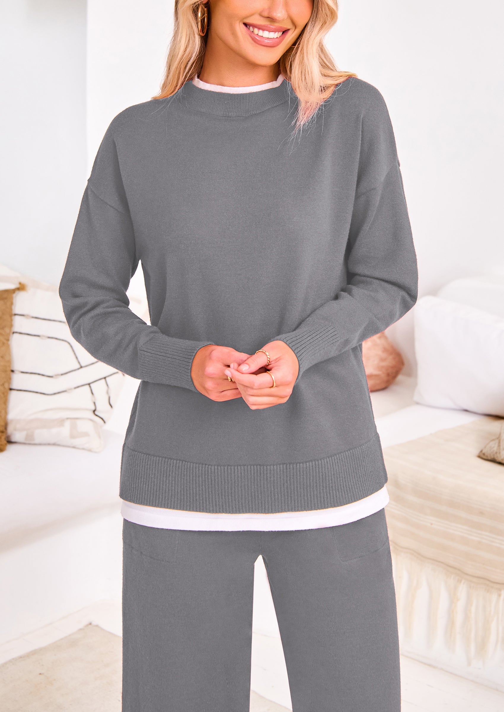 Chichi Two Piece Matching Sweater Lounge Sets Knit Long Sleeve Pullover Tops Wide Leg Pants Grey