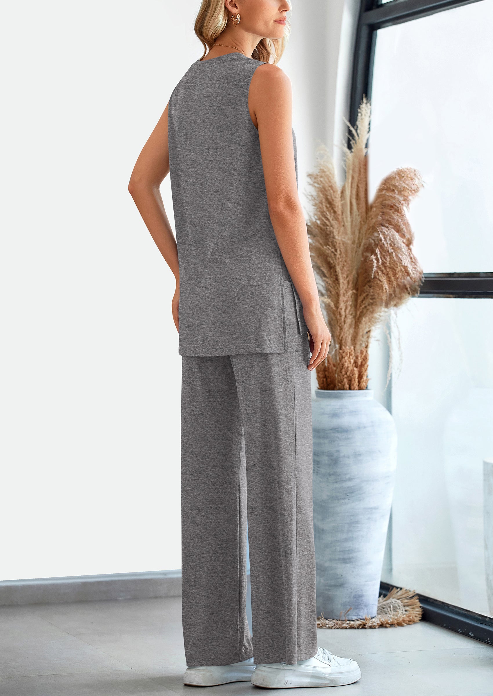 Chichi 2 Piece Set Loose Tank Top Wide Leg Pants Casual Matching Outfits Tracksuit Dark Grey