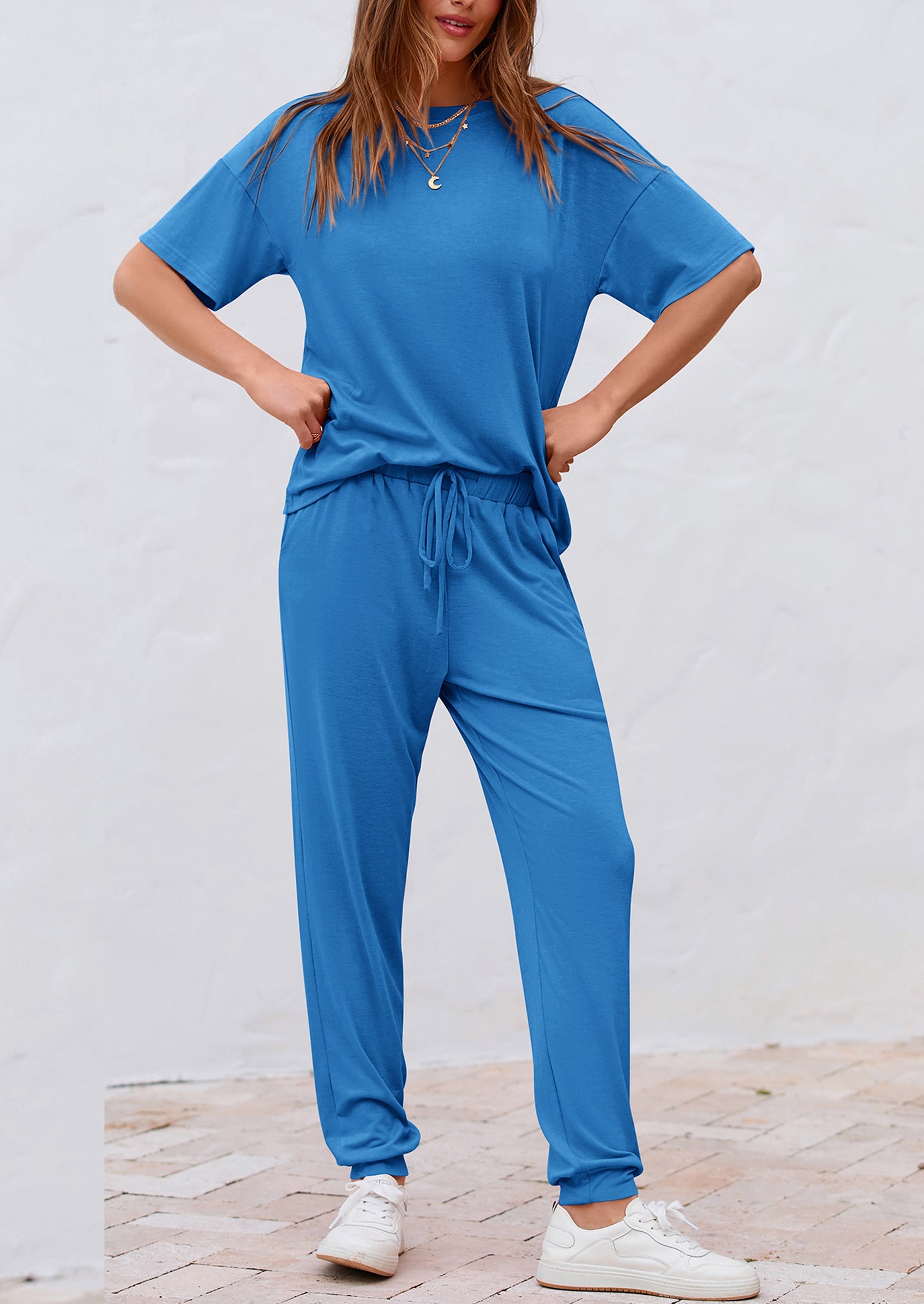 Chichi Women's Two Piece Lounge Sets Spring Summer Jogger Pants Vacation Outfits Travel Airplane Matching Clothes Blue