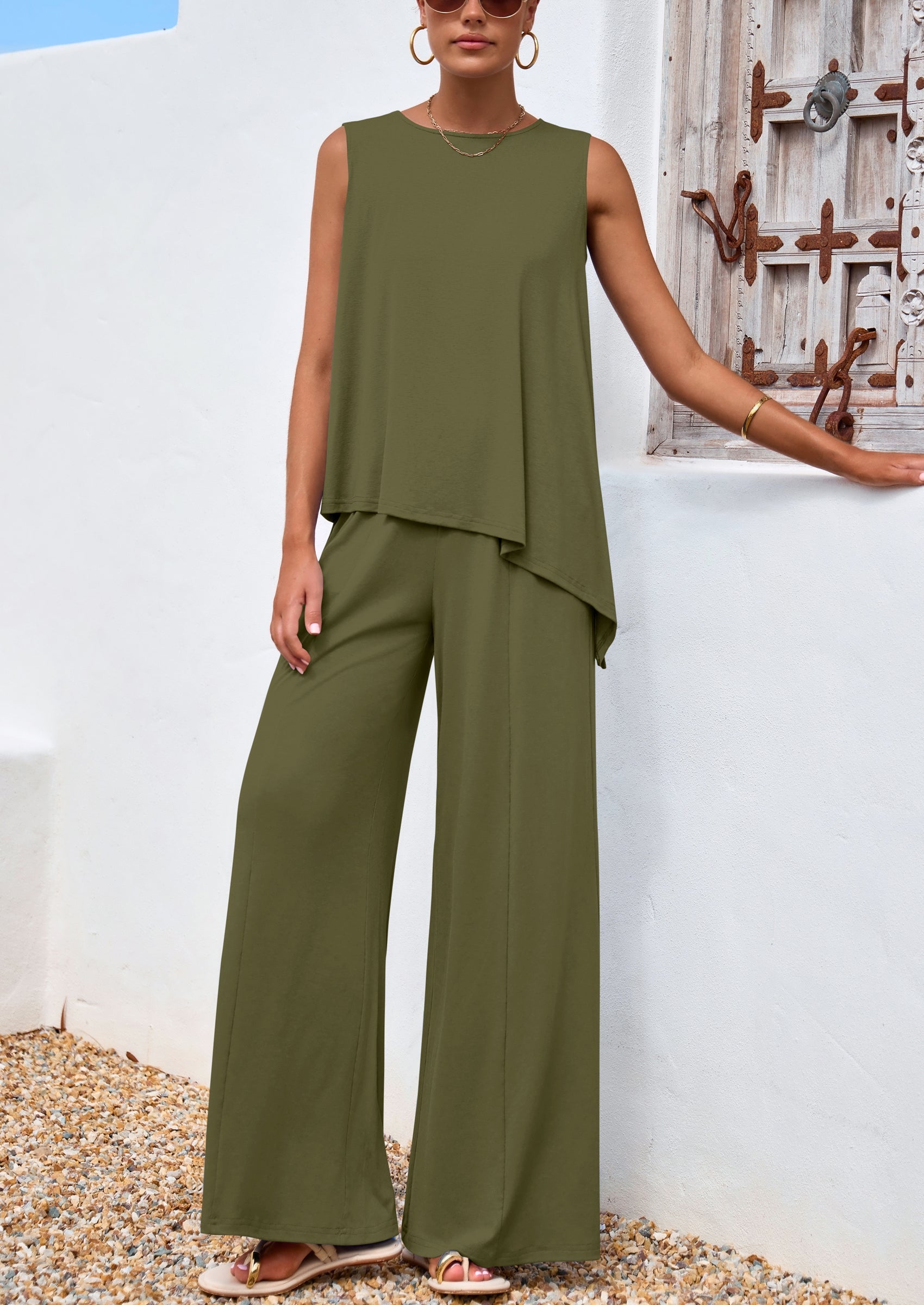 Chichi Women's Two Piece Matching Lounge Sets Asymmetrical Split Tank Tops Wide Leg Pants Summer Outfits Tracksuit Army Green