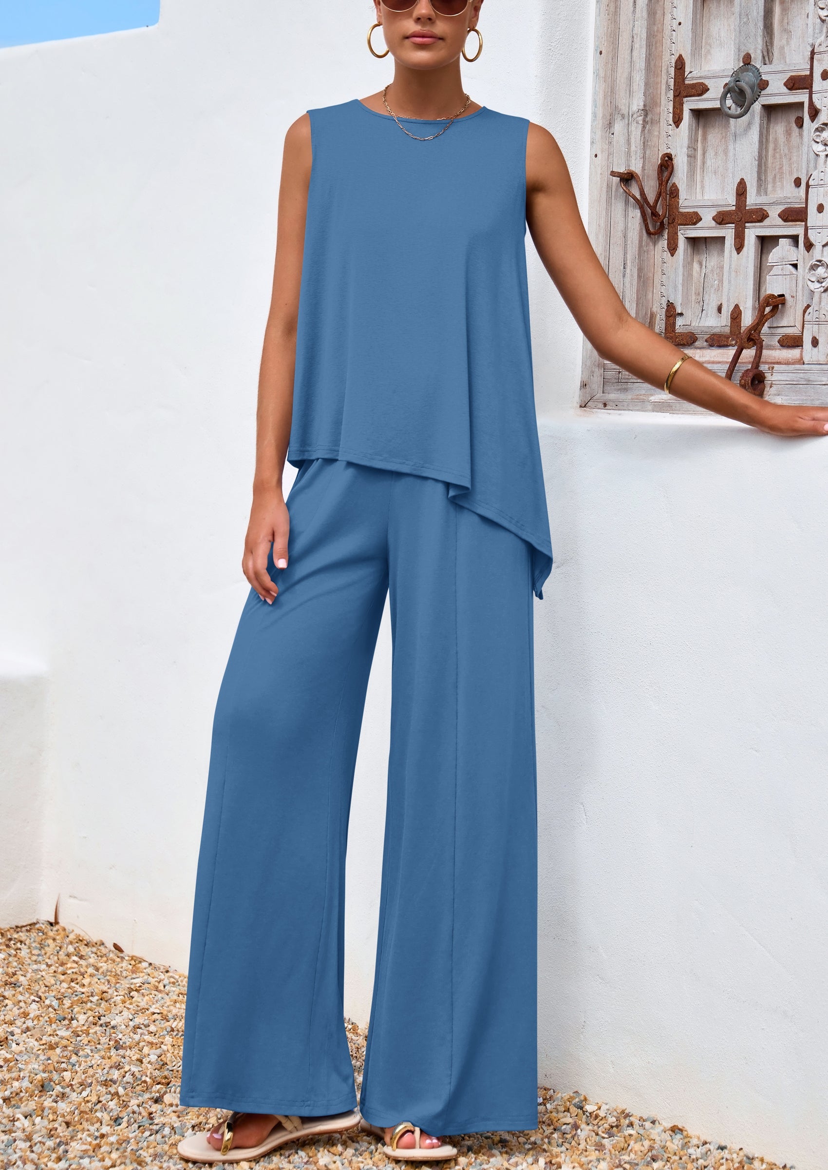 Chichi Women's Two Piece Matching Lounge Sets Asymmetrical Split Tank Tops Wide Leg Pants Summer Outfits Tracksuit Blue