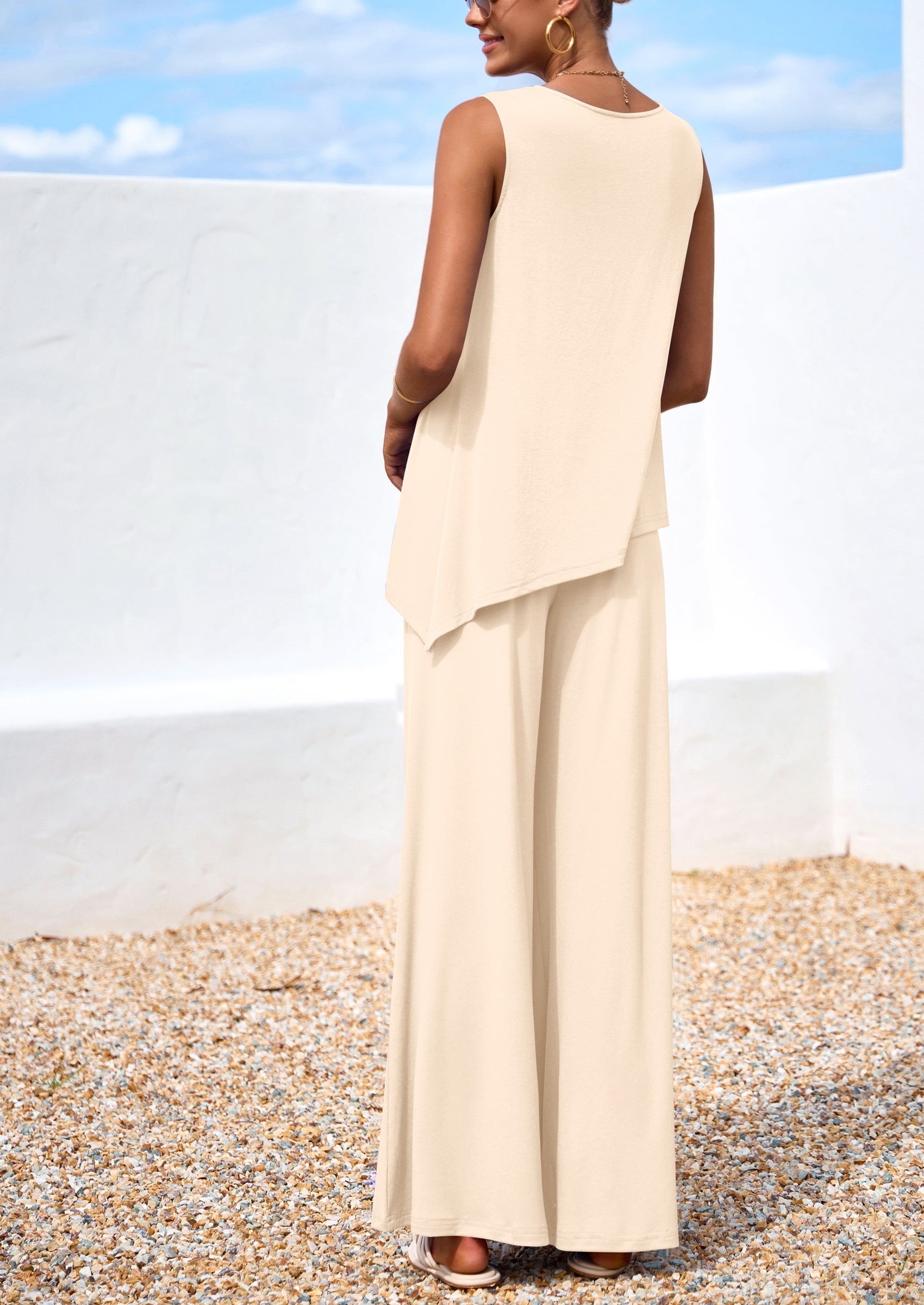 Chichi Women's Two Piece Matching Lounge Sets Asymmetrical Split Tank Tops Wide Leg Pants Summer Outfits Tracksuit Beige