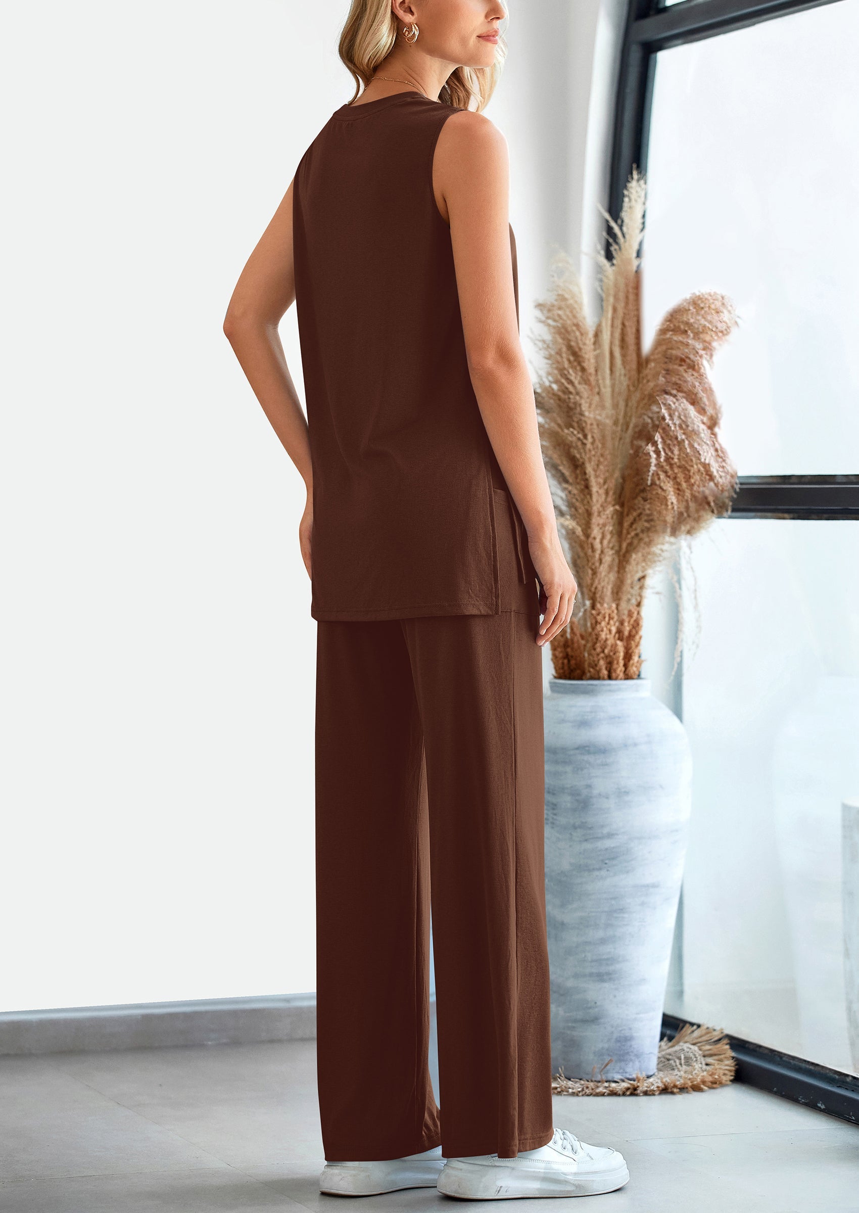 Chichi 2 Piece Set Loose Tank Top Wide Leg Pants Casual Matching Outfits Tracksuit Light Coffee