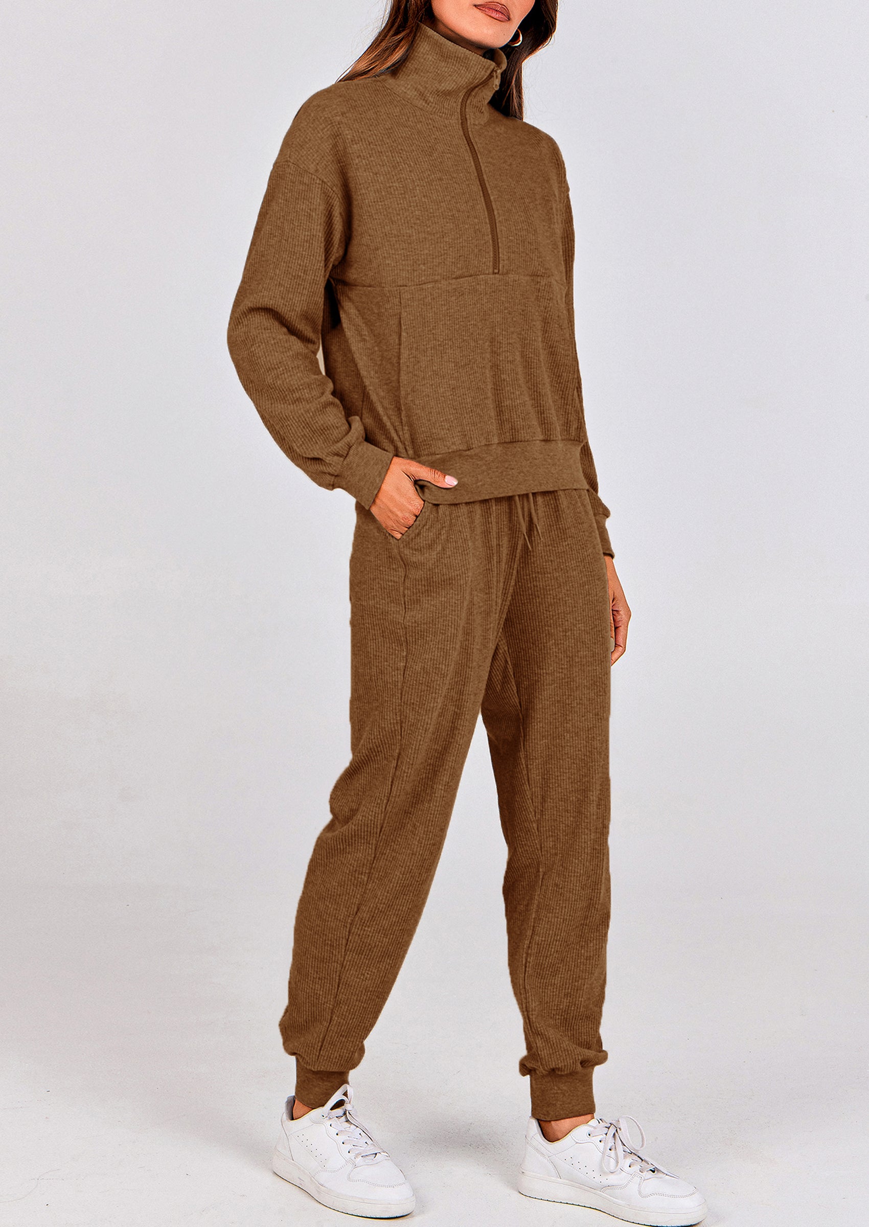 Chichi Women's Fall 2 Piece Lounge Sets Zip Up Sweatshirt Jogger Pants Sweat Track Suits Travel Outfit Winter Clothing Dark Khaki