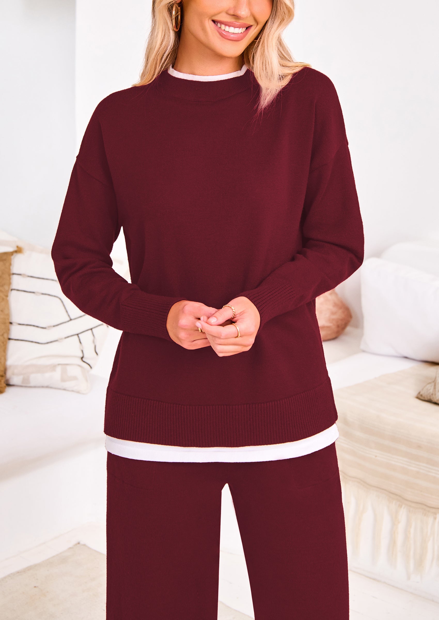 Chichi Two Piece Matching Sweater Lounge Sets Knit Long Sleeve Pullover Tops Wide Leg Pants Wine Red