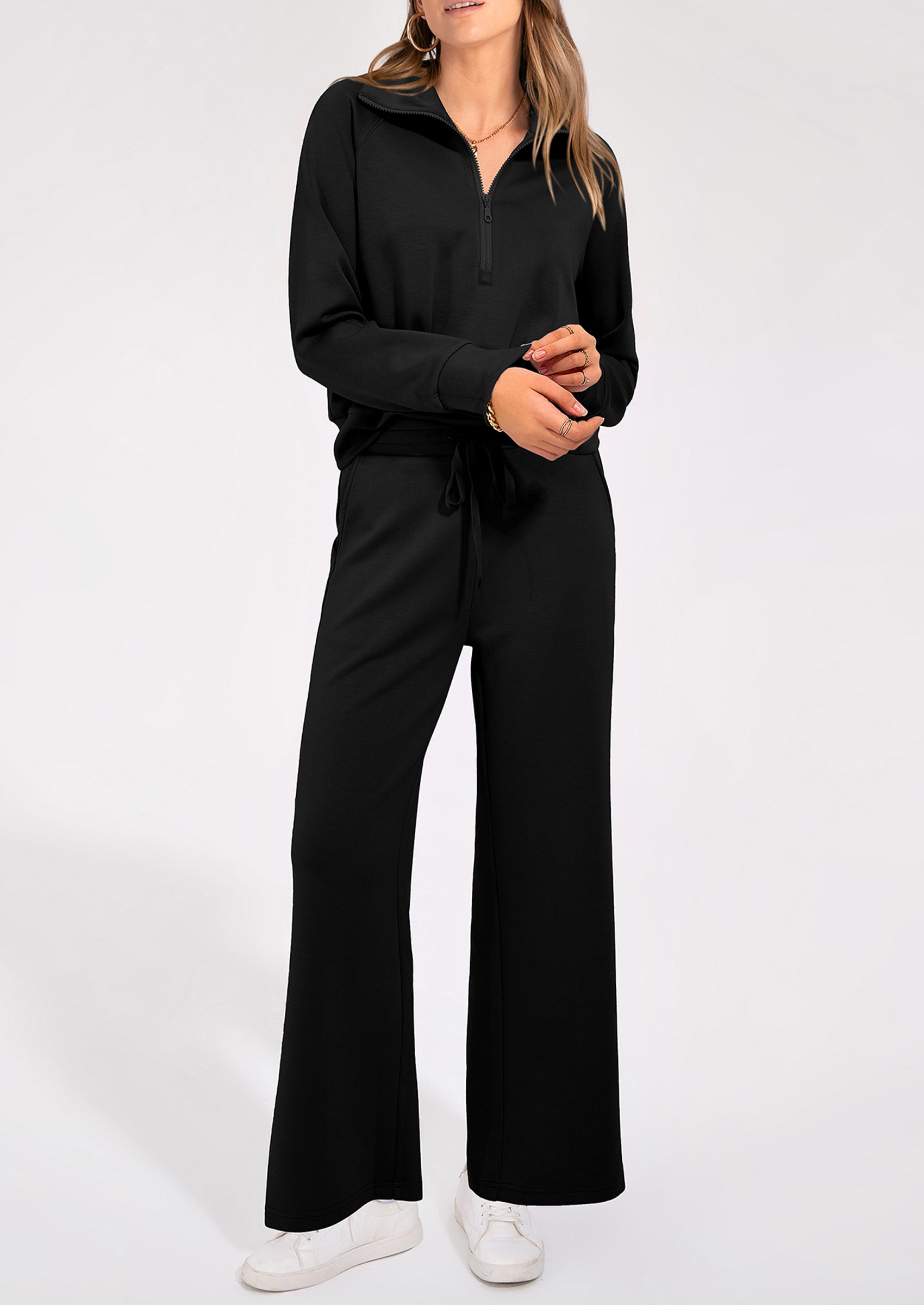 Chichi Women's 2 Piece Outfits Casual Lapel Half Zip Sweatshirts And Wide Leg Pants Tracksuit Sets Black