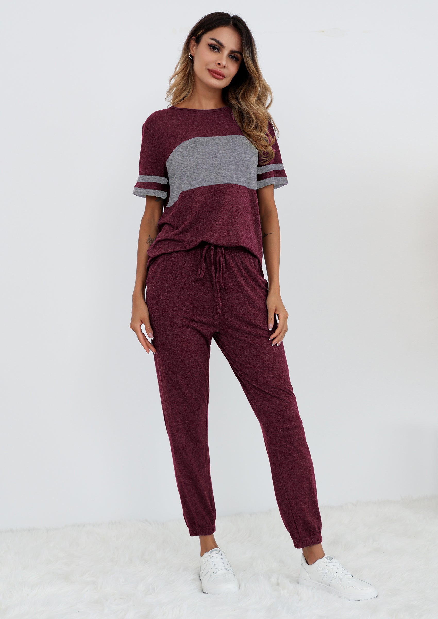 Chichi Women's Two Piece Lounge Sets Spring Summer Jogger Pants Vacation Outfits Travel Airplane Matching Clothes Wine red