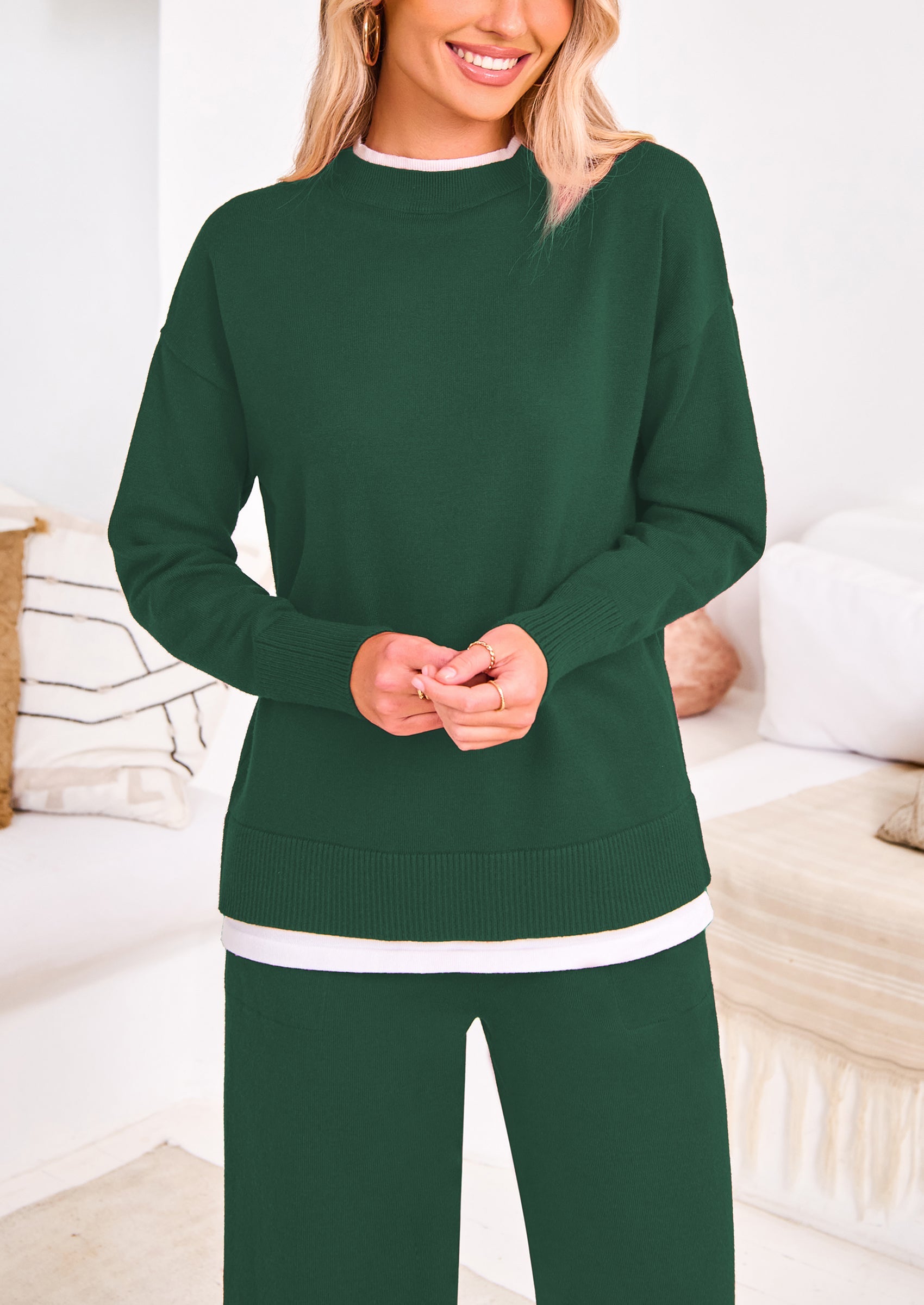 Chichi Two Piece Matching Sweater Lounge Sets Knit Long Sleeve Pullover Tops Wide Leg Pants Dark Green