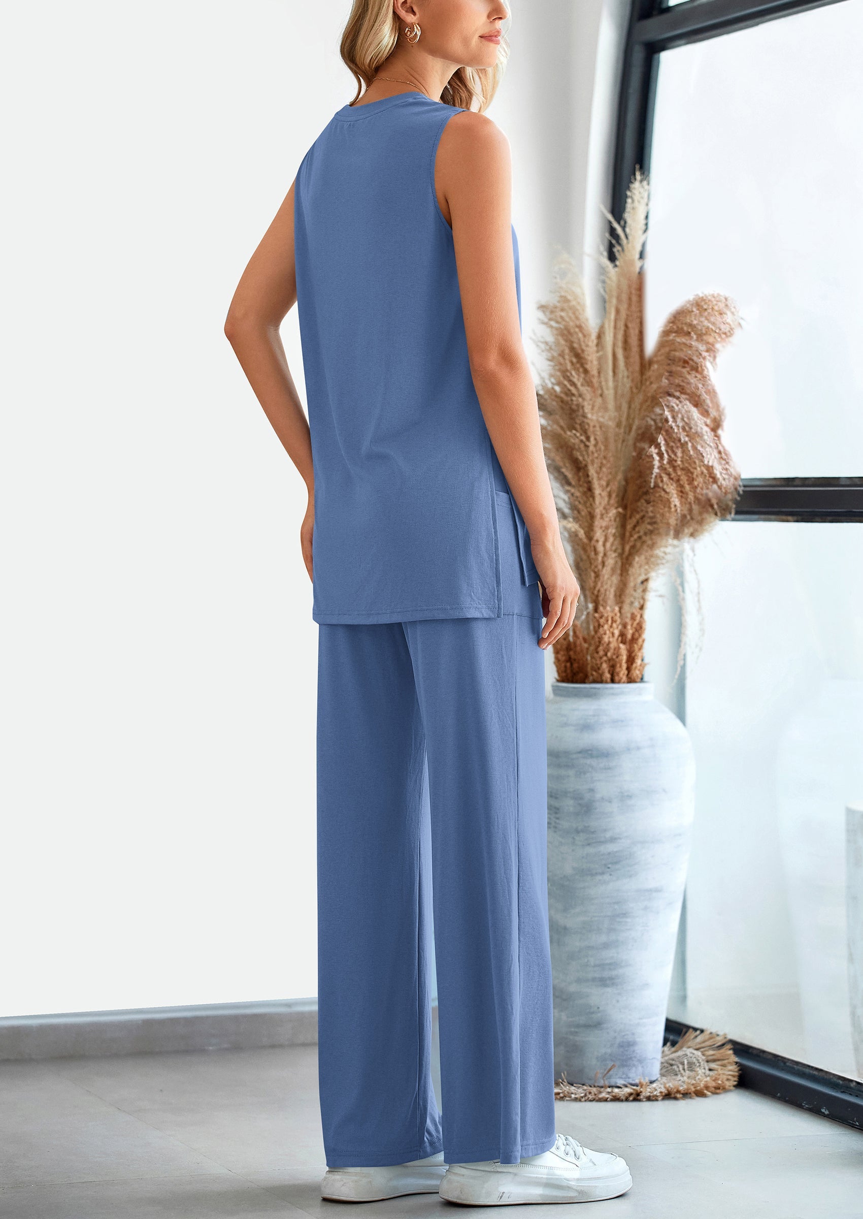 Chichi 2 Piece Set Loose Tank Top Wide Leg Pants Casual Matching Outfits Tracksuit Blue