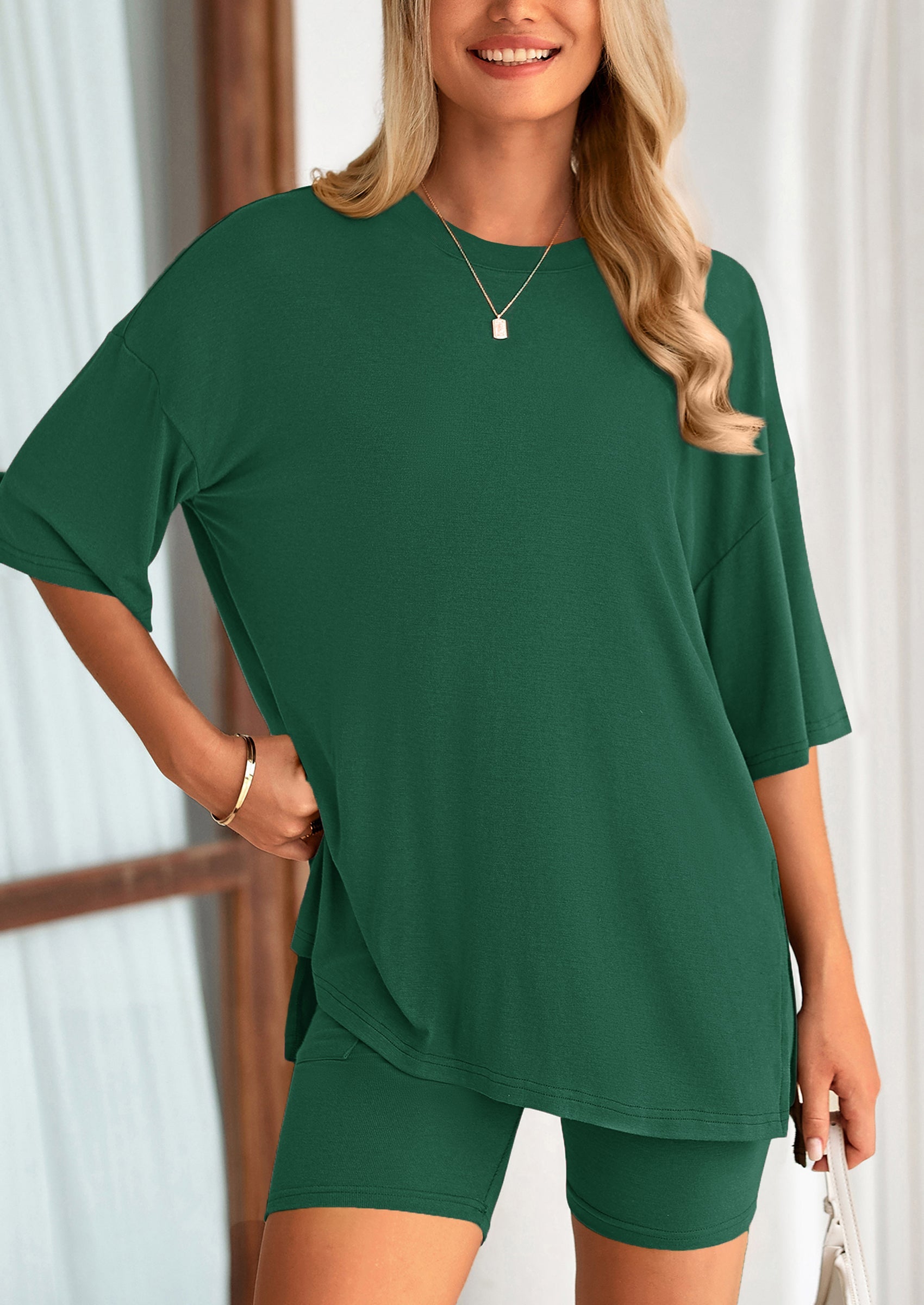 Chichi Women's Two Piece Lounge Set Summer Casual Oversized Shirts Biker Shorts Matching Airport Travel Outfit Green