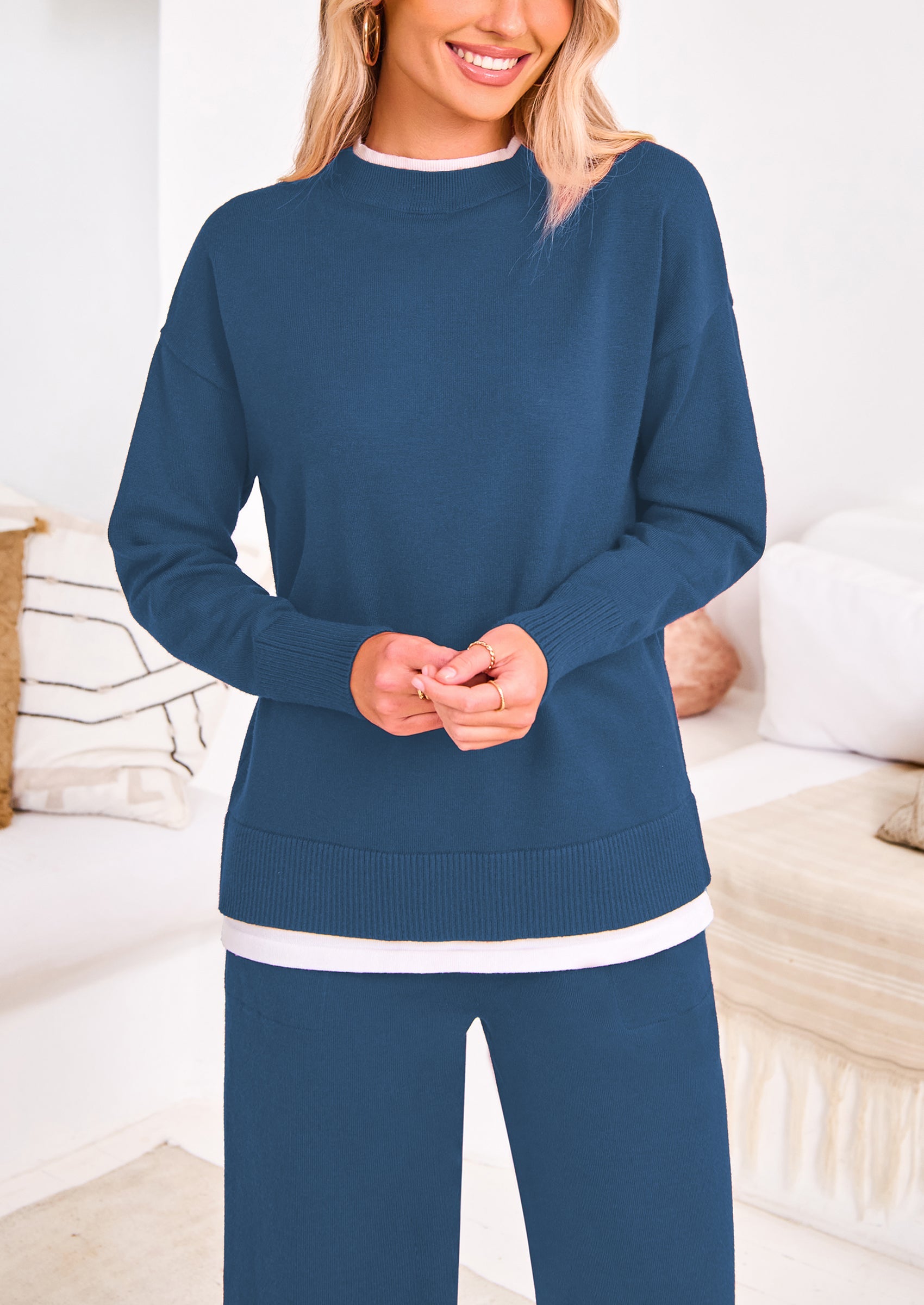 Chichi Two Piece Matching Sweater Lounge Sets Knit Long Sleeve Pullover Tops Wide Leg Pants Wine Red