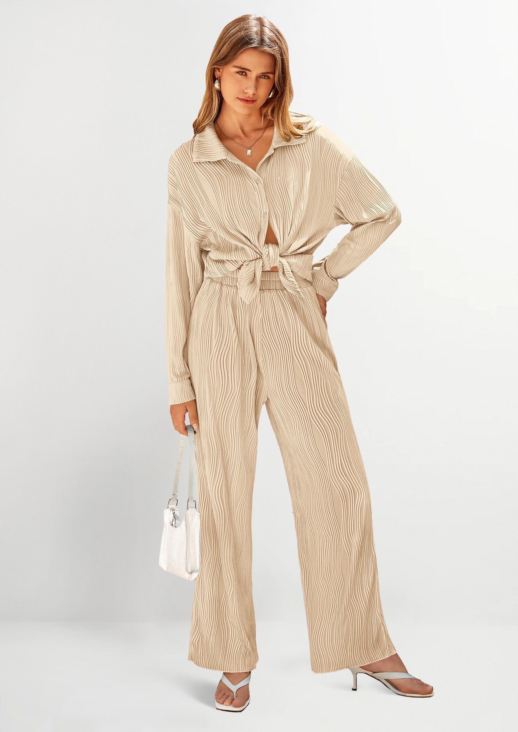 Chichi 2 Piece Textured Sets Casual Button Down Shirt Wide Leg Pants Outfit Loungewear Tracksuit Apricot