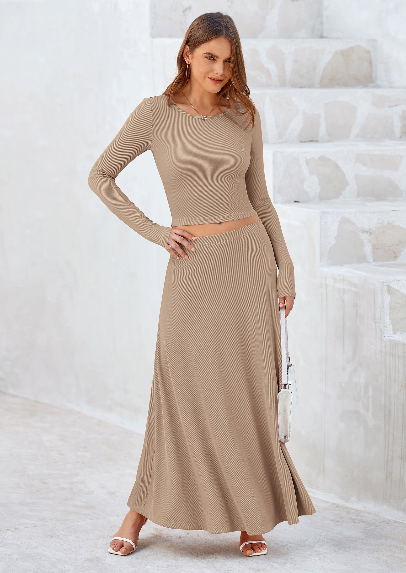 Chichi 2 Piece Casual Ribbed Knit Long Sleeve Crop Tops Maxi Flowy Skirts Matching Sets Camel