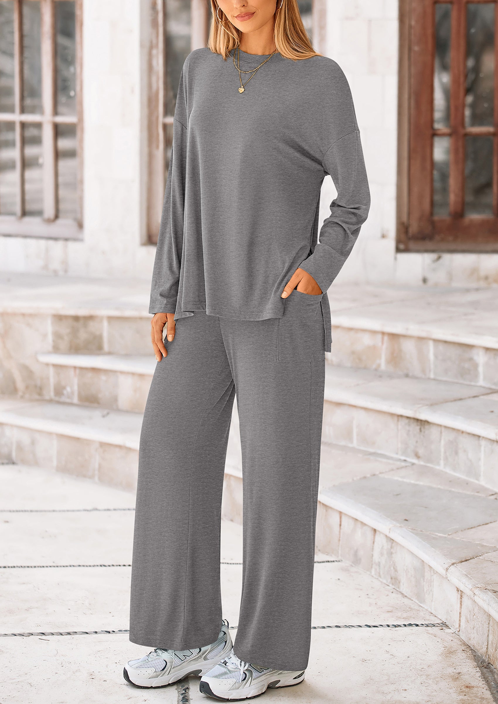 Chichi Women's Two Piece Lounge Sets Matching Long Sleeve Shirts Wide Leg Pants Tracksuits Travel Outfits Fall Clothes Light Coffee