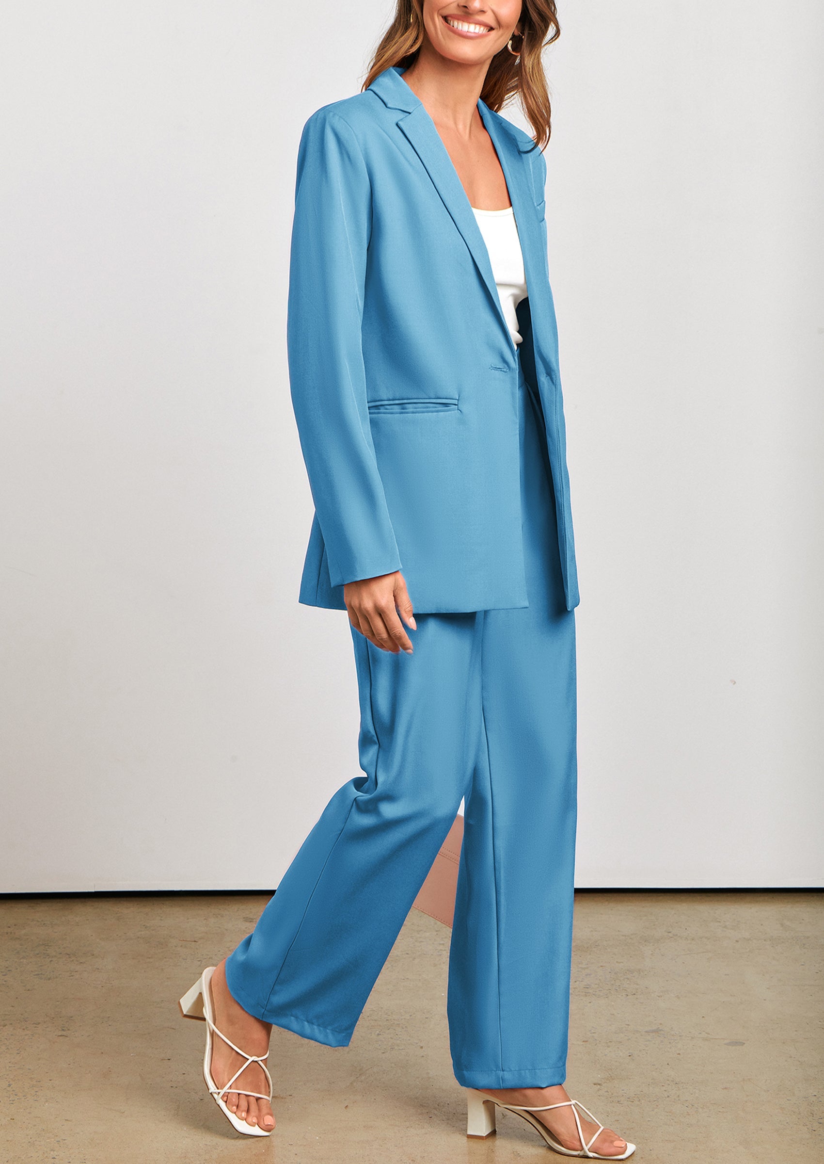 Chichi Women's Fall Two Piece Outfits Dressy Blazer Jacket and Wide Leg Pants Pockets Business Casual Office Suit Sets Blue Green
