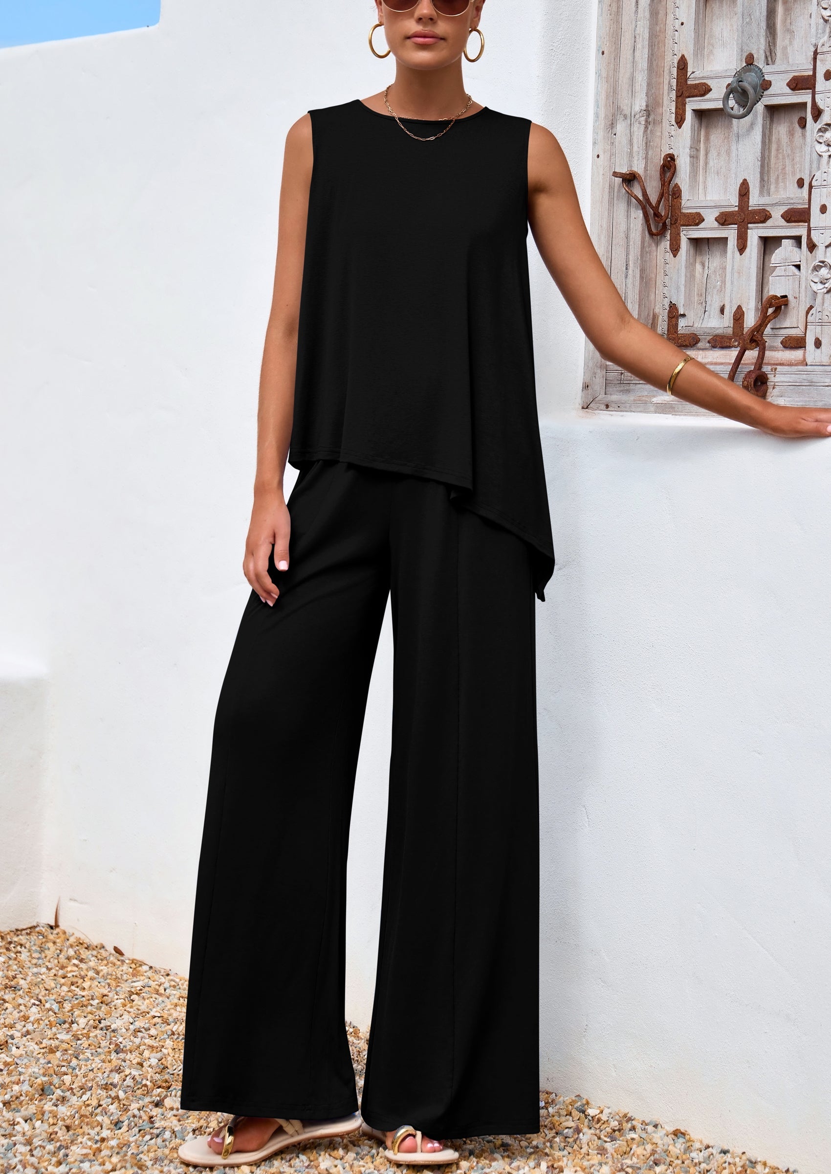 Chichi Women's Two Piece Matching Lounge Sets Asymmetrical Split Tank Tops Wide Leg Pants Summer Outfits Tracksuit Black