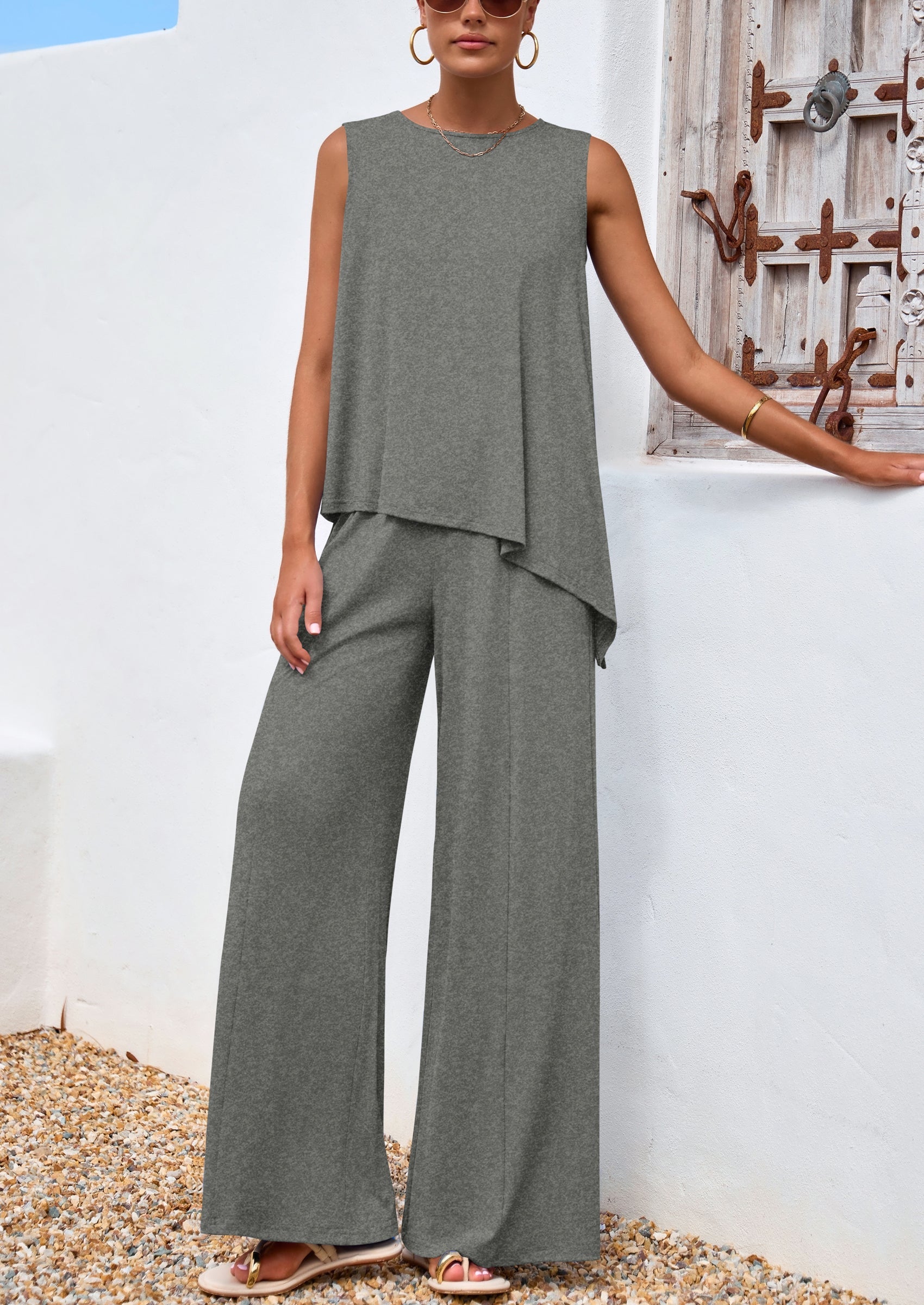 Chichi Women's Two Piece Matching Lounge Sets Asymmetrical Split Tank Tops Wide Leg Pants Summer Outfits Tracksuit Grey