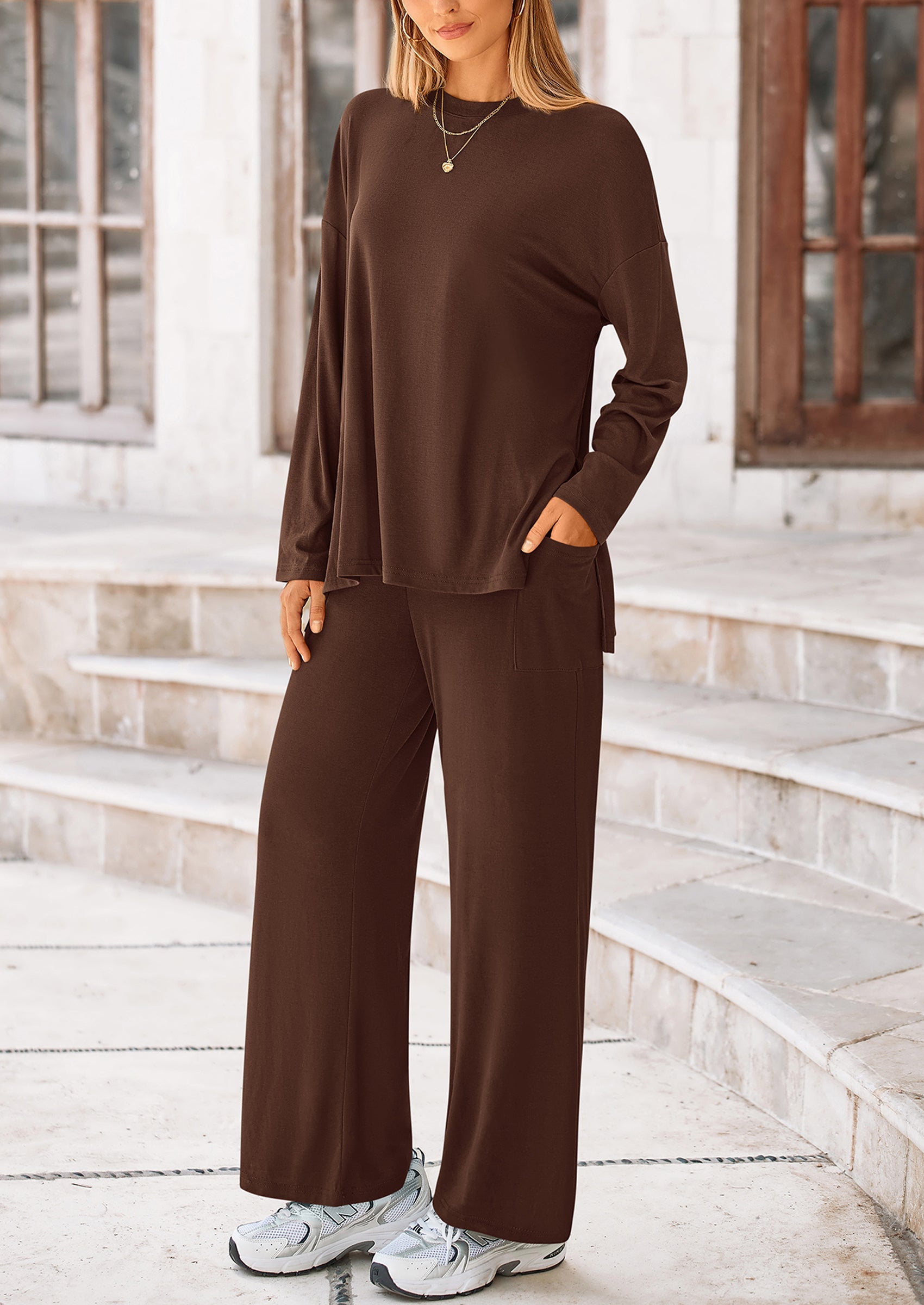 Chichi Women's Two Piece Lounge Sets Matching Long Sleeve Shirts Wide Leg Pants Tracksuits Travel Outfits Fall Clothes Army Green