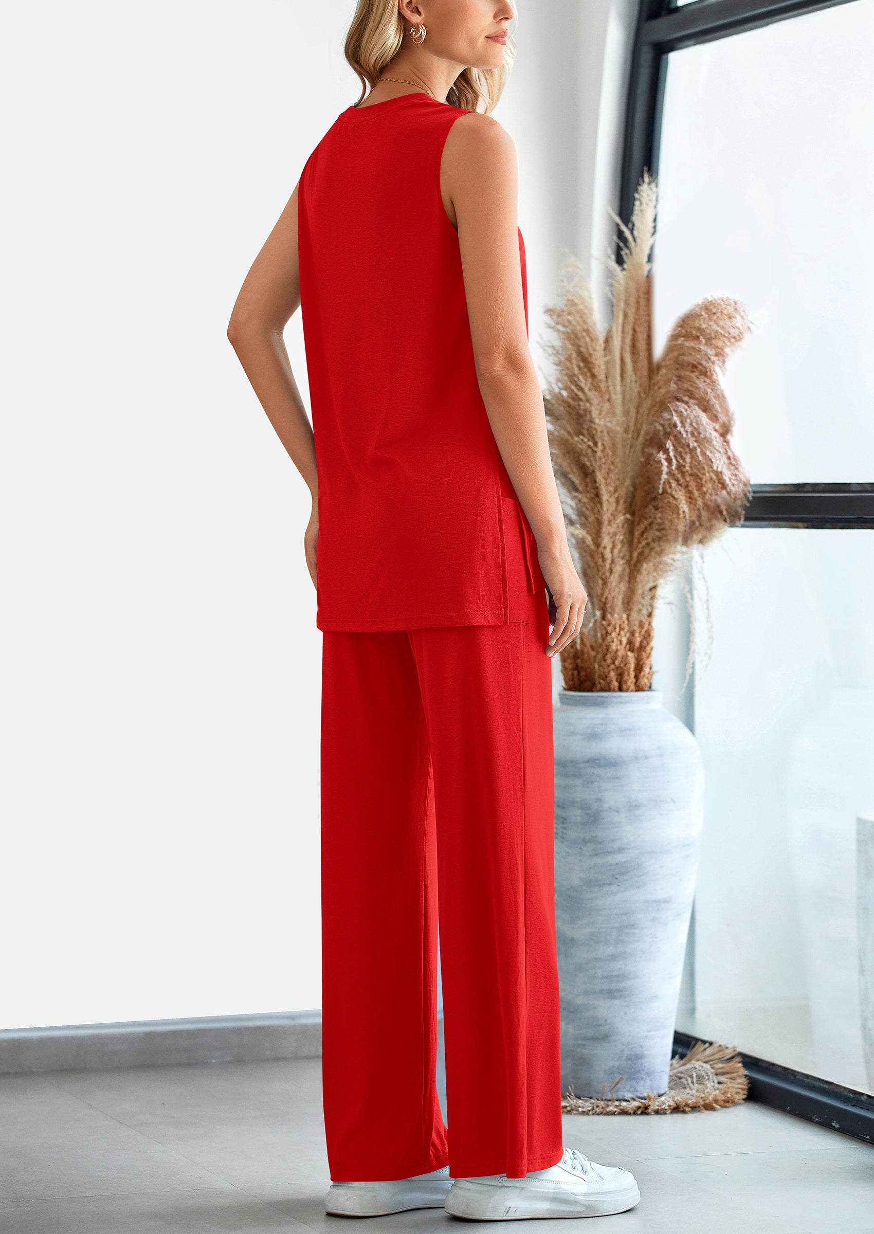 Chichi 2 Piece Set Loose Tank Top Wide Leg Pants Casual Matching Outfits Tracksuit Red
