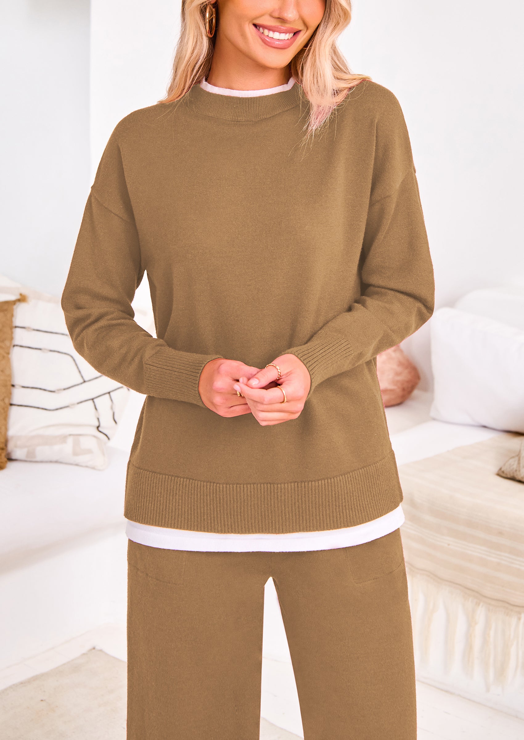 Chichi Two Piece Matching Sweater Lounge Sets Knit Long Sleeve Pullover Tops Wide Leg Pants Beige