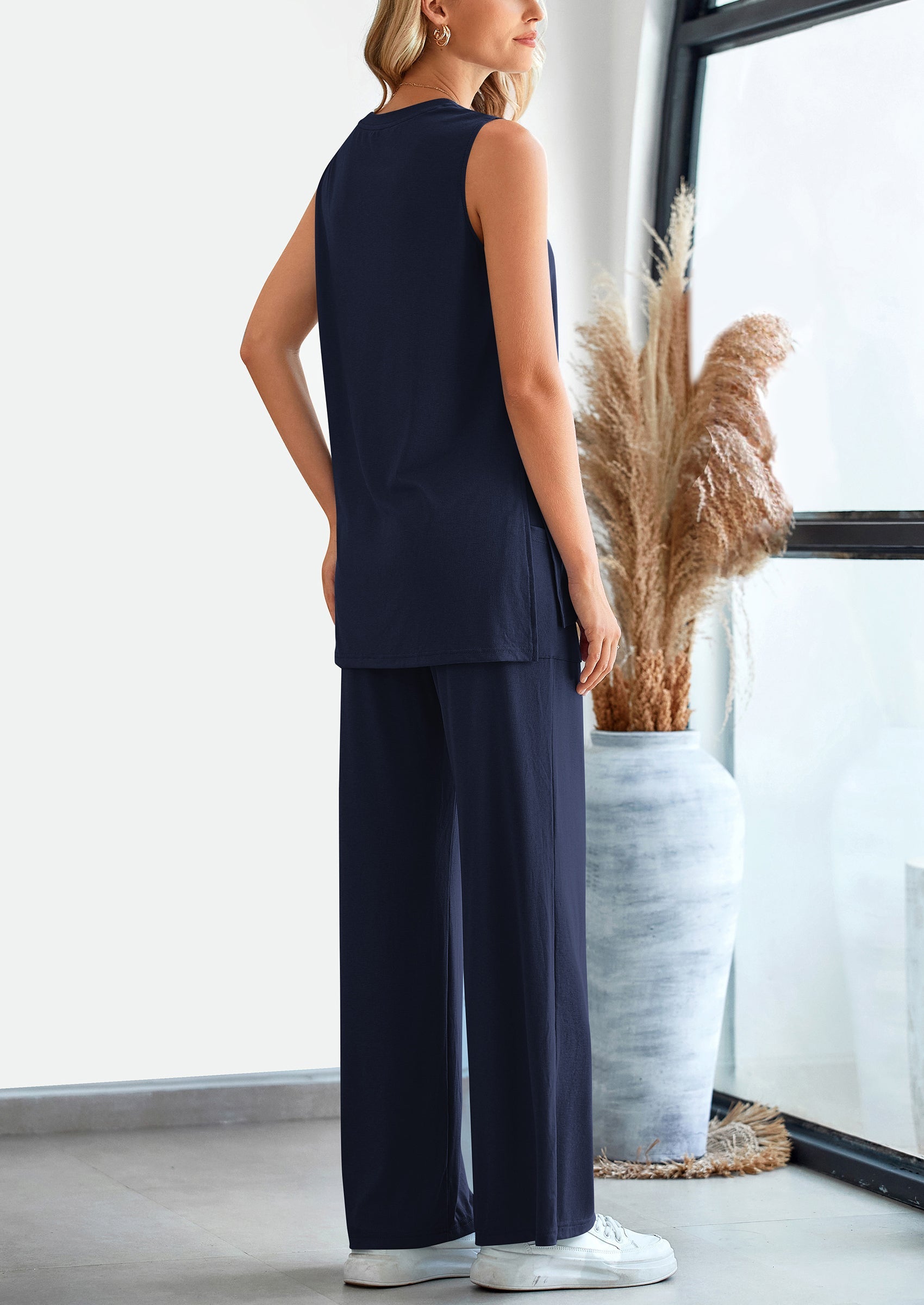 Chichi 2 Piece Set Loose Tank Top Wide Leg Pants Casual Matching Outfits Tracksuit Navy