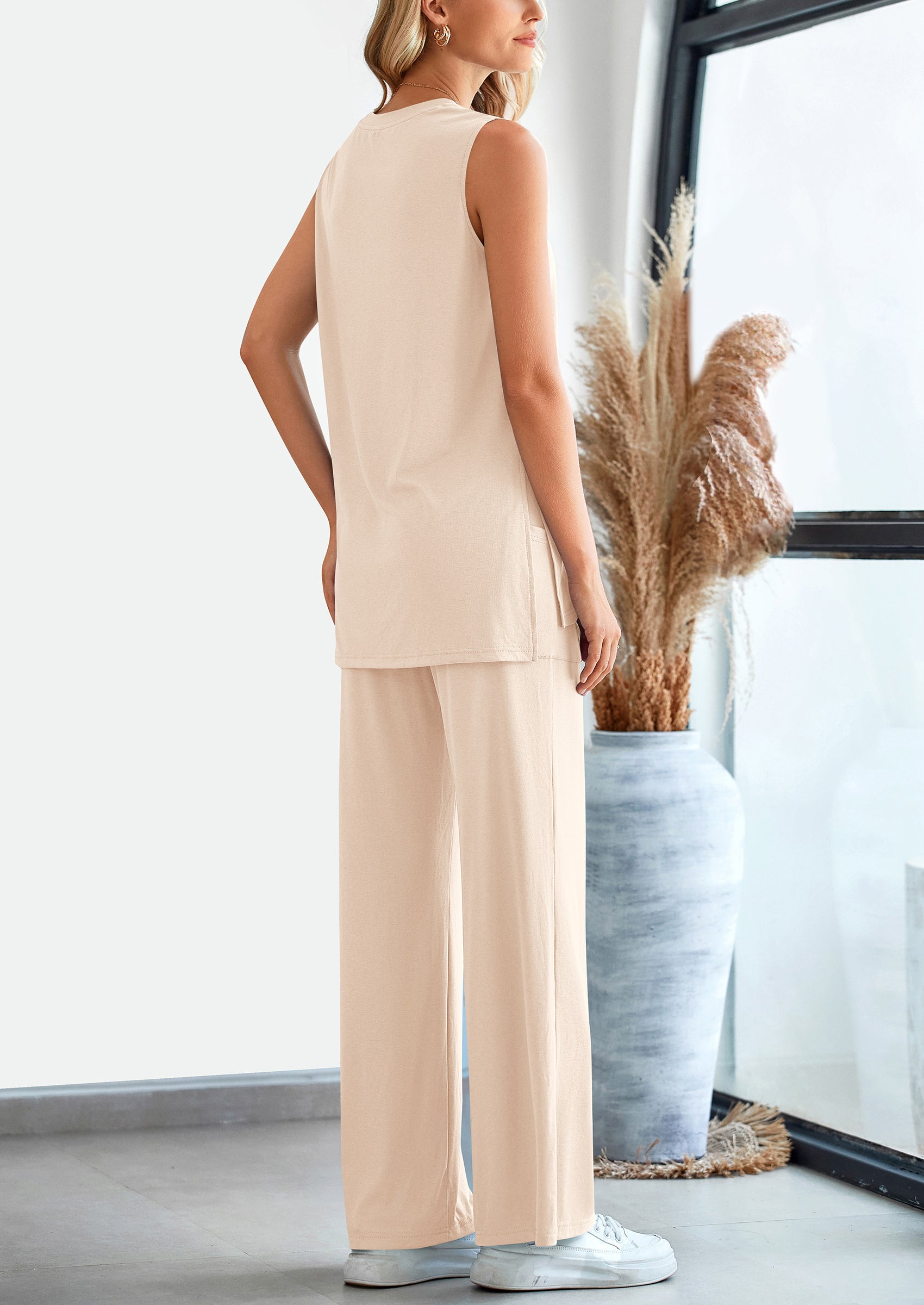 Chichi 2 Piece Set Loose Tank Top Wide Leg Pants Casual Matching Outfits Tracksuit Beige