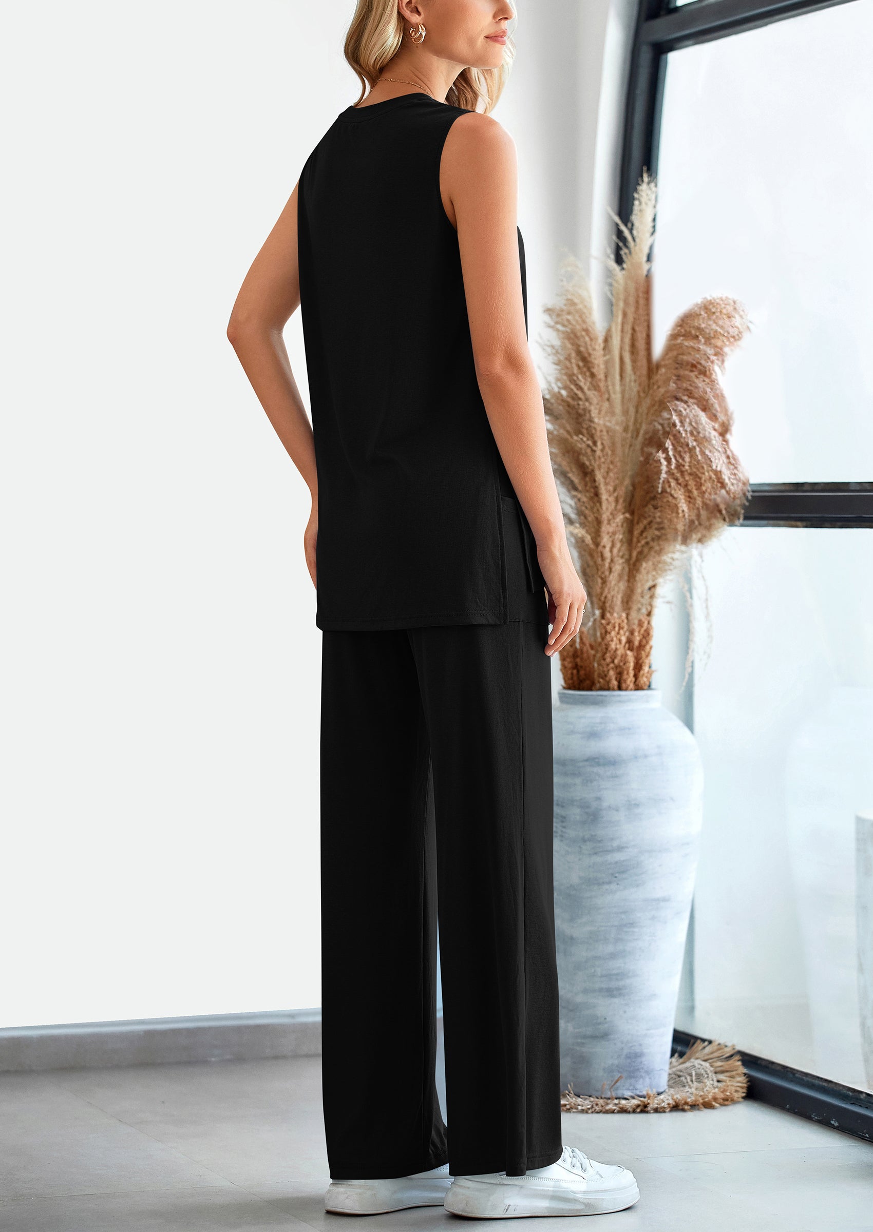 Chichi 2 Piece Set Loose Tank Top Wide Leg Pants Casual Matching Outfits Tracksuit Black