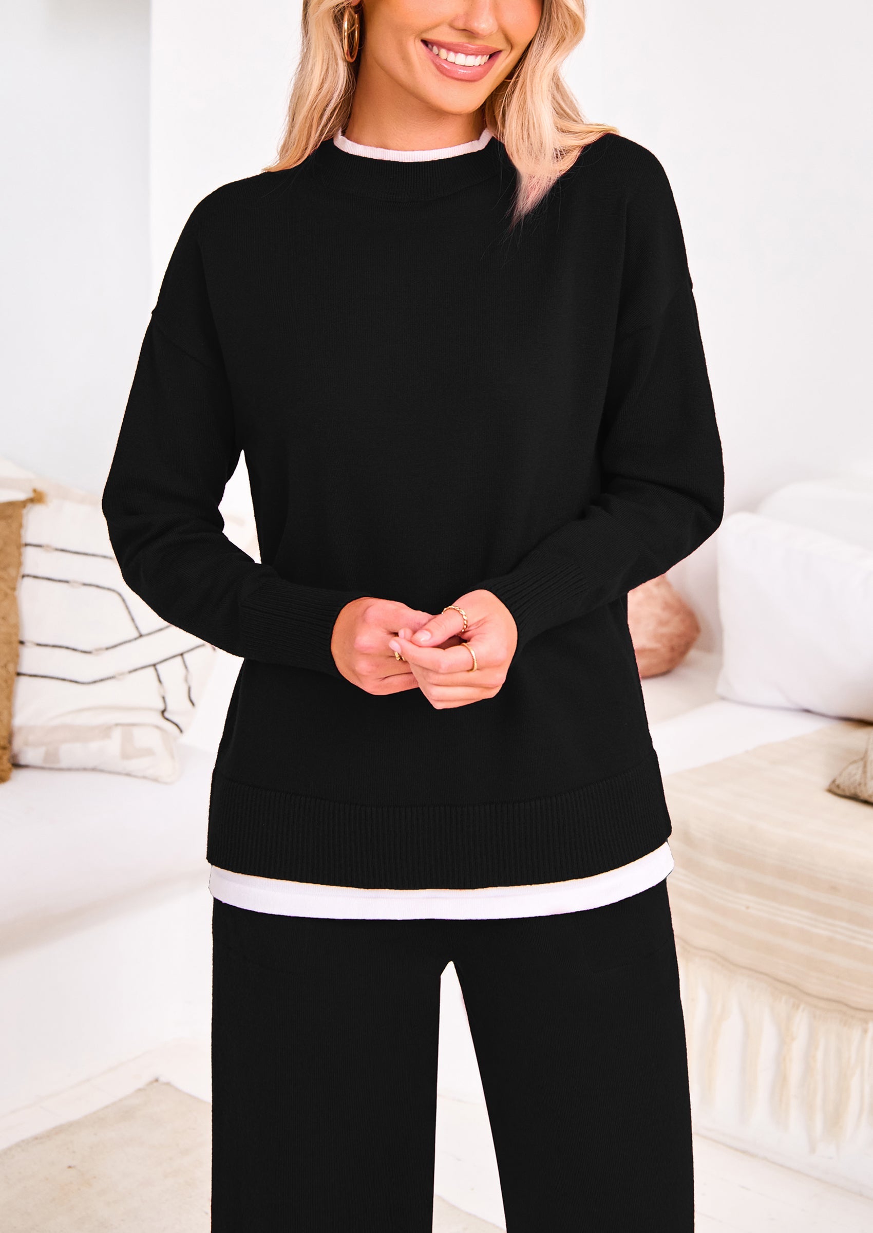 Chichi Two Piece Matching Sweater Lounge Sets Knit Long Sleeve Pullover Tops Wide Leg Pants Black