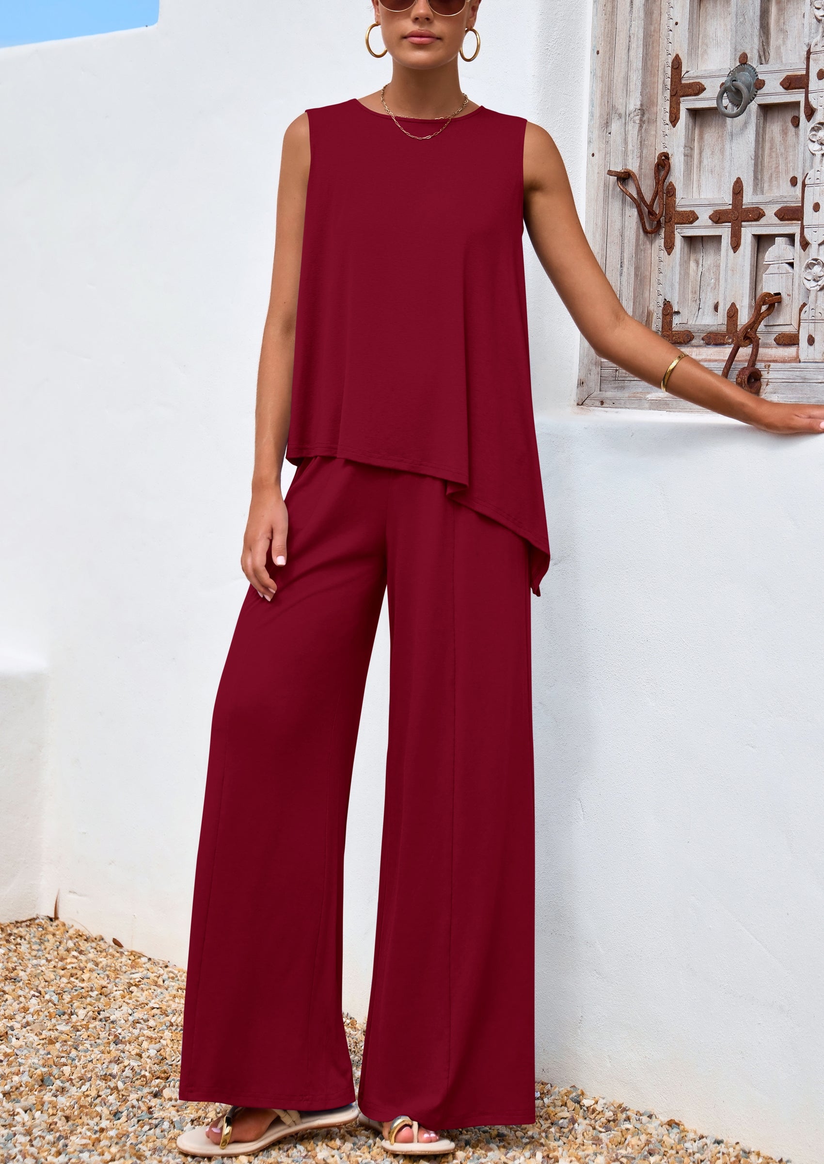 Chichi Women's Two Piece Matching Lounge Sets Asymmetrical Split Tank Tops Wide Leg Pants Summer Outfits Tracksuit Wine Red