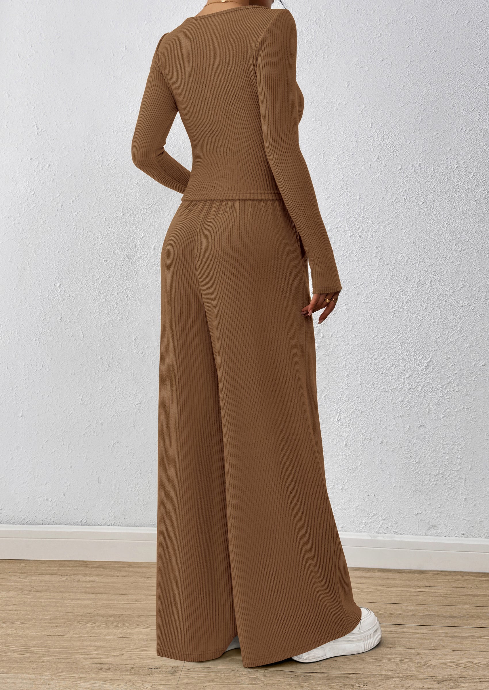 Chichi Women's 2 Piece Lounge Sets Fall Fashion Long Sleeve Crop Top Wide Leg Pants Matching Sets Clothing Dark Khaki