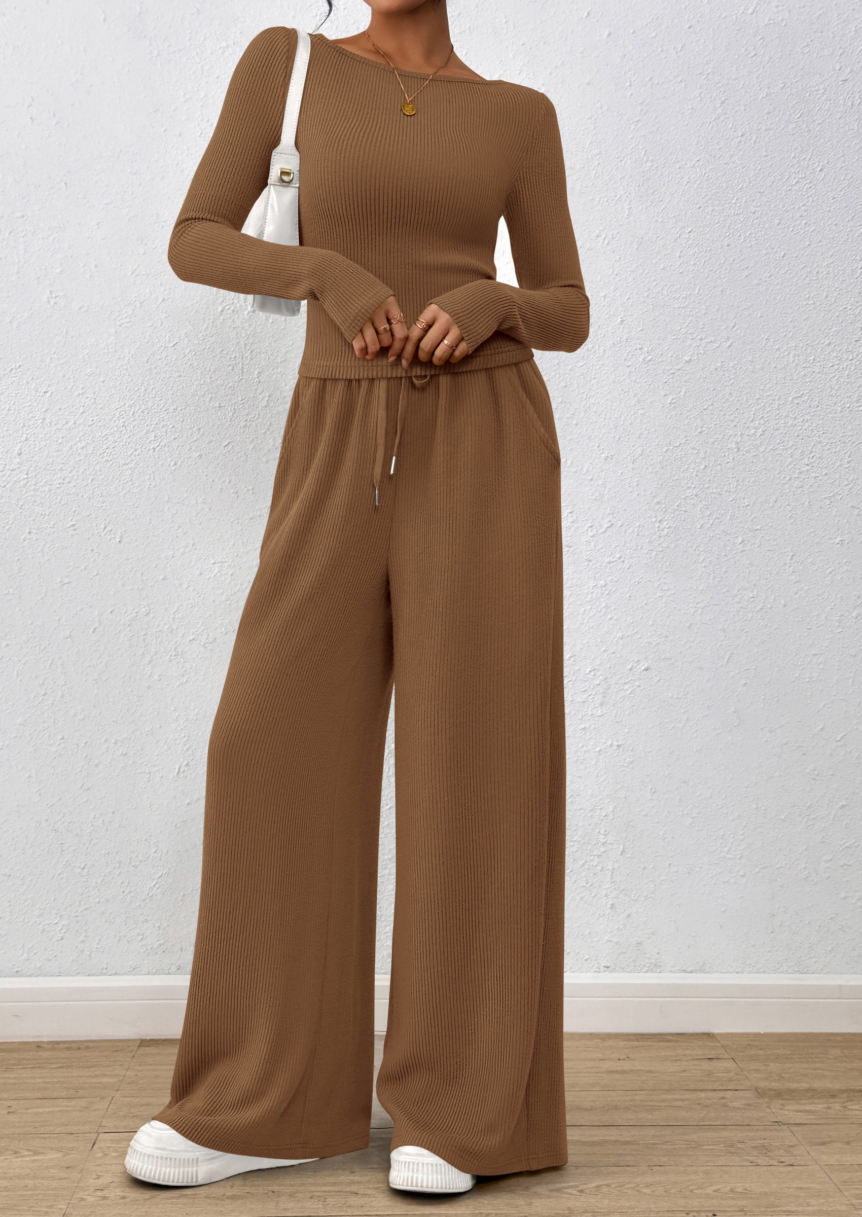 Chichi Women's 2 Piece Lounge Sets Fall Fashion Long Sleeve Crop Top Wide Leg Pants Matching Sets Clothing Dark Khaki