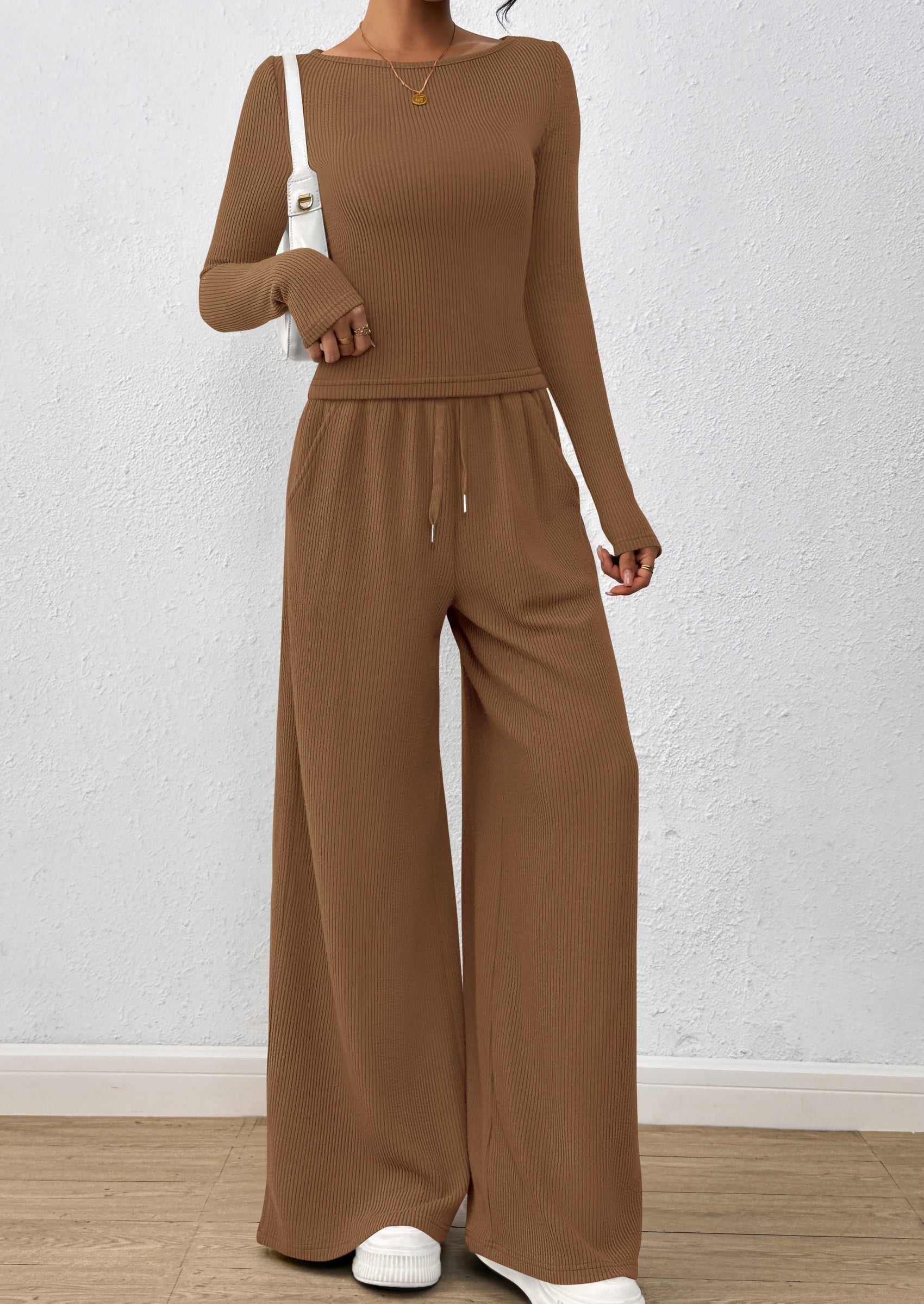 Chichi Women's 2 Piece Lounge Sets Fall Fashion Long Sleeve Crop Top Wide Leg Pants Matching Sets Clothing Dark Khaki
