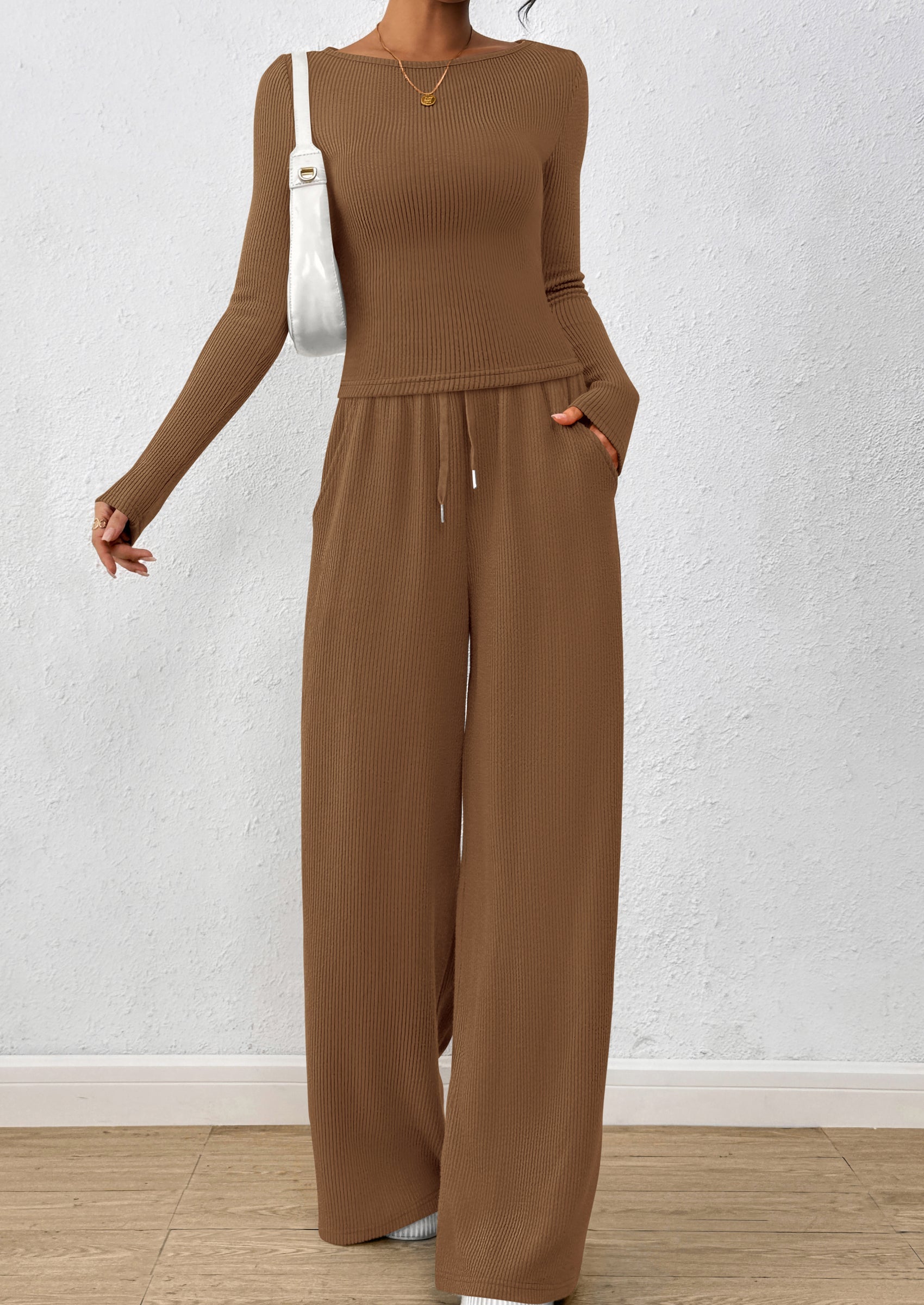 Chichi Women's 2 Piece Lounge Sets Fall Fashion Long Sleeve Crop Top Wide Leg Pants Matching Sets Clothing Dark Khaki
