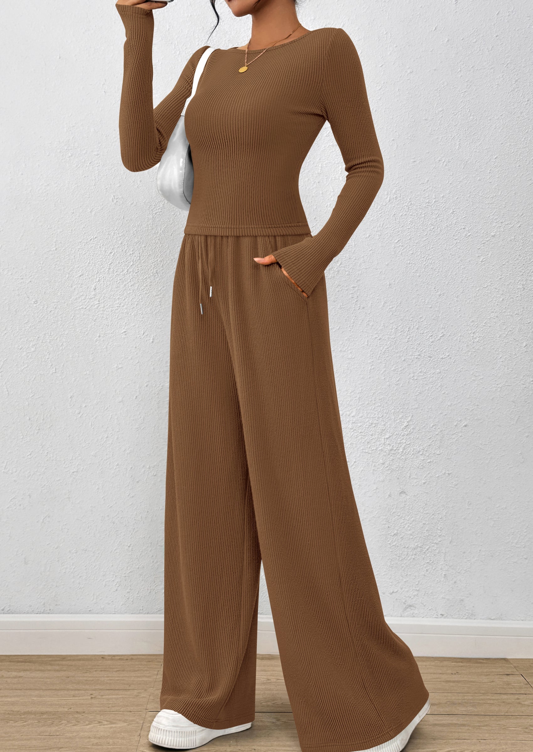 Chichi Women's 2 Piece Lounge Sets Fall Fashion Long Sleeve Crop Top Wide Leg Pants Matching Sets Clothing Dark Khaki