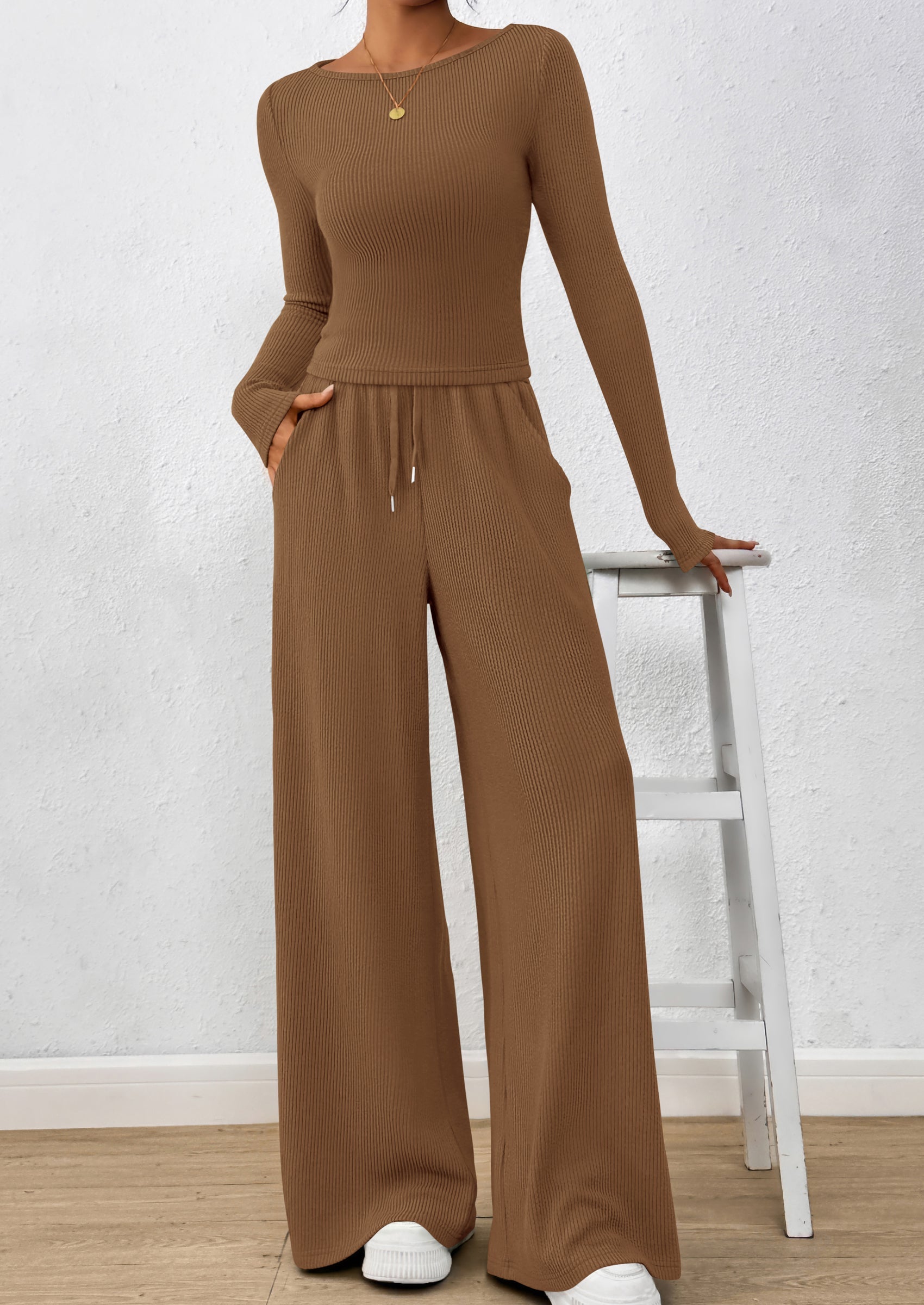 Chichi Women's 2 Piece Lounge Sets Fall Fashion Long Sleeve Crop Top Wide Leg Pants Matching Sets Clothing Dark Khaki