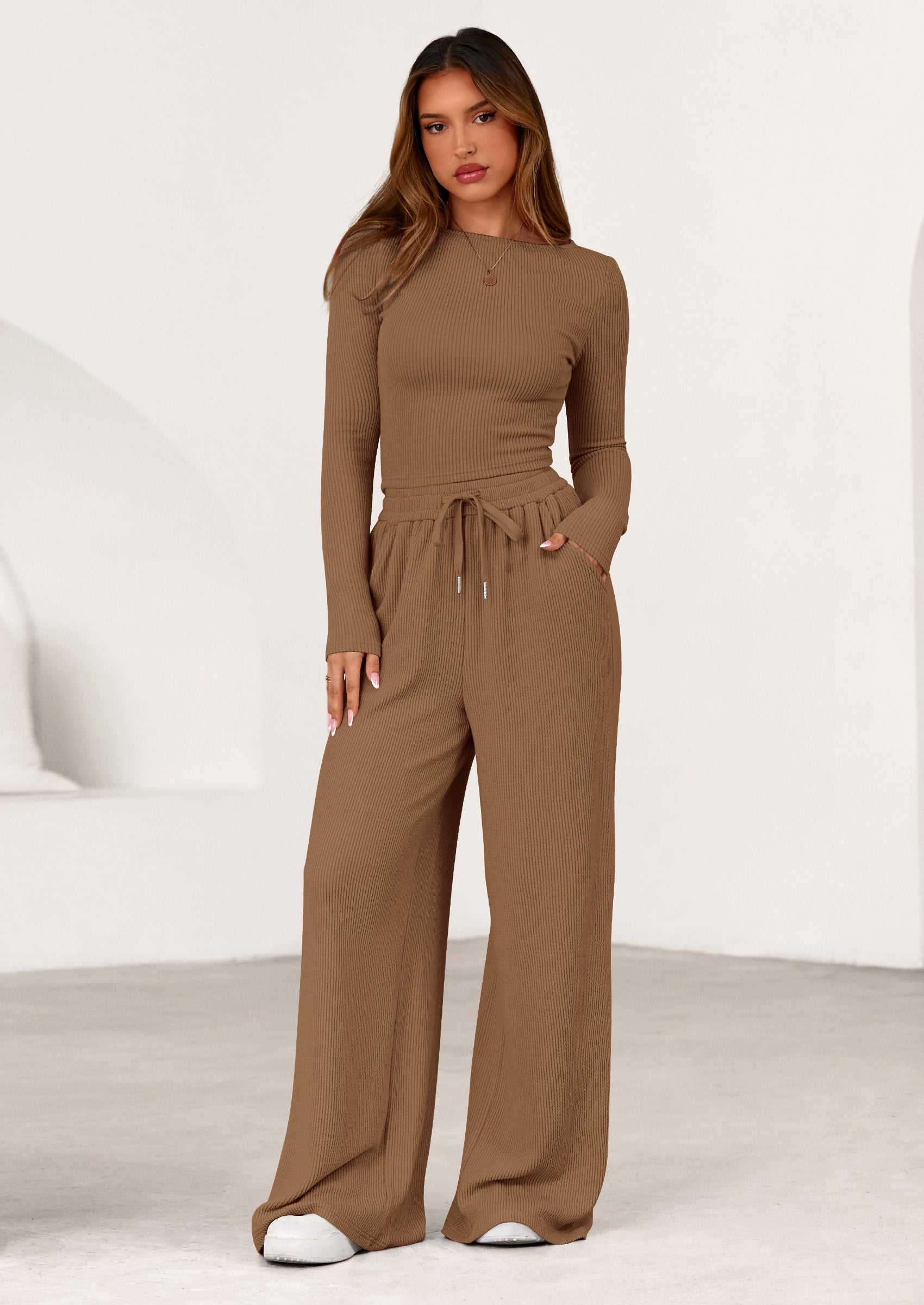 Chichi Women's 2 Piece Lounge Sets Fall Fashion Long Sleeve Crop Top Wide Leg Pants Matching Sets Clothing Dark Khaki