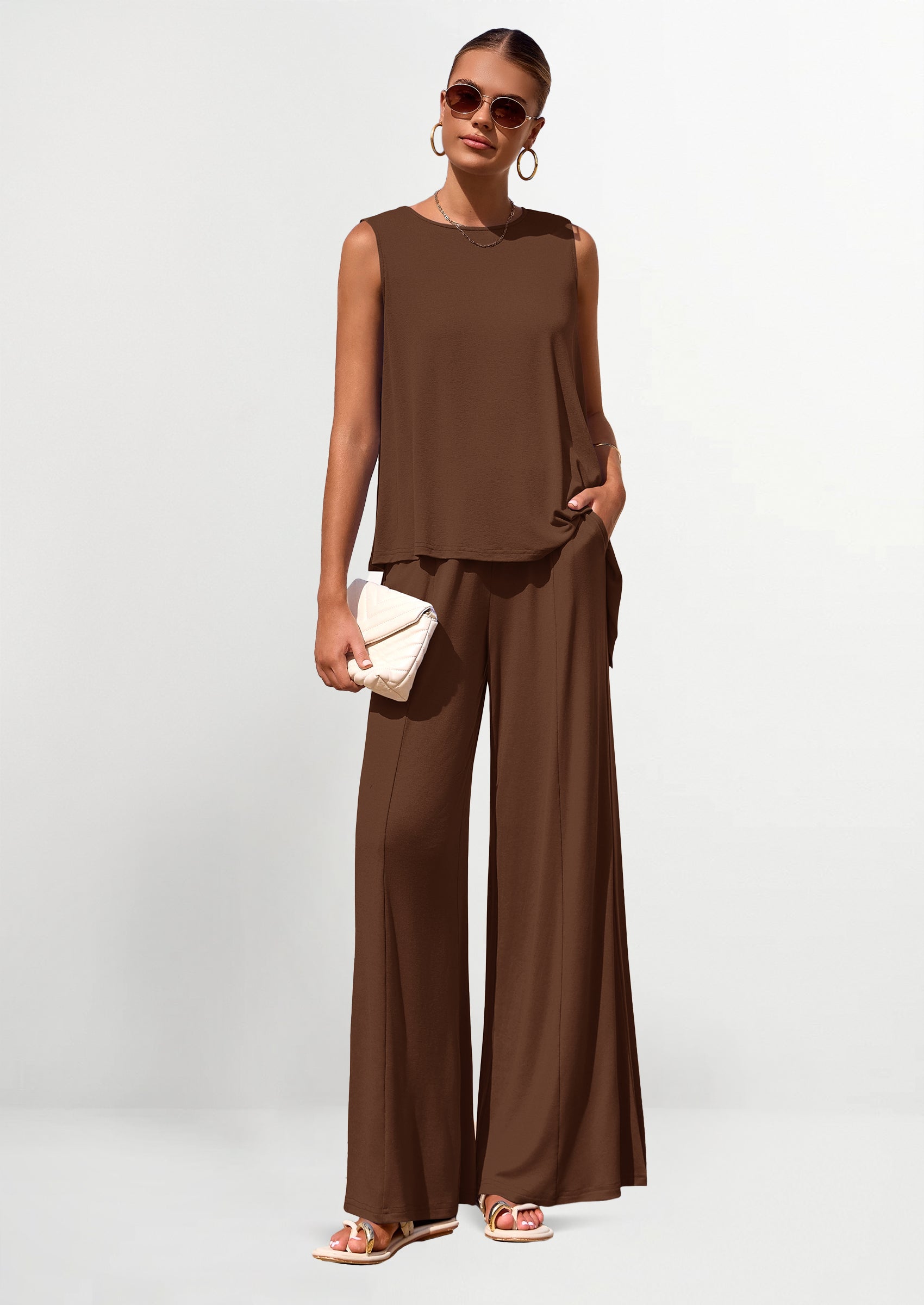 Chichi Women's Two Piece Matching Lounge Sets Asymmetrical Split Tank Tops Wide Leg Pants Summer Outfits Tracksuit Light Coffee