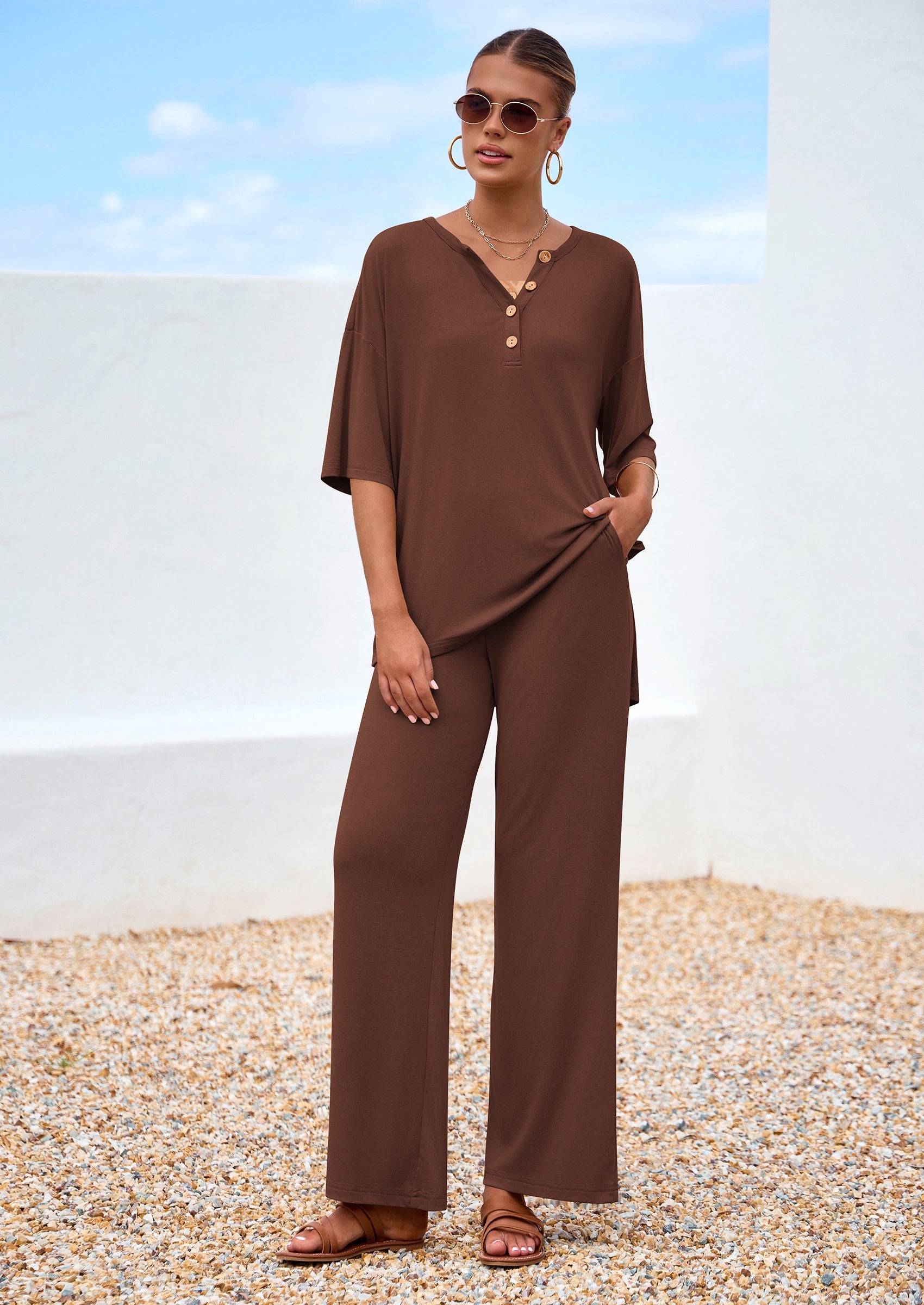 Chichi Women's 2 Piece Outfits Summer Casual V Neck Short Sleeve Tops Wide Leg Pants Matching Lounge Sets Brown