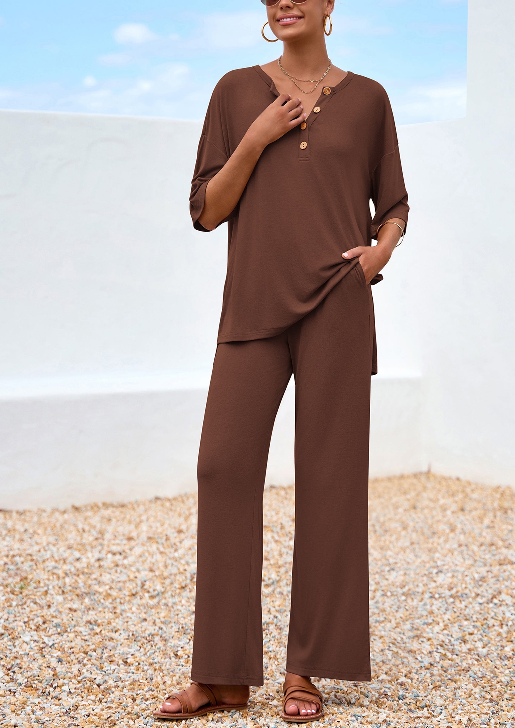 Chichi Women's 2 Piece Outfits Summer Casual V Neck Short Sleeve Tops Wide Leg Pants Matching Lounge Sets Brown