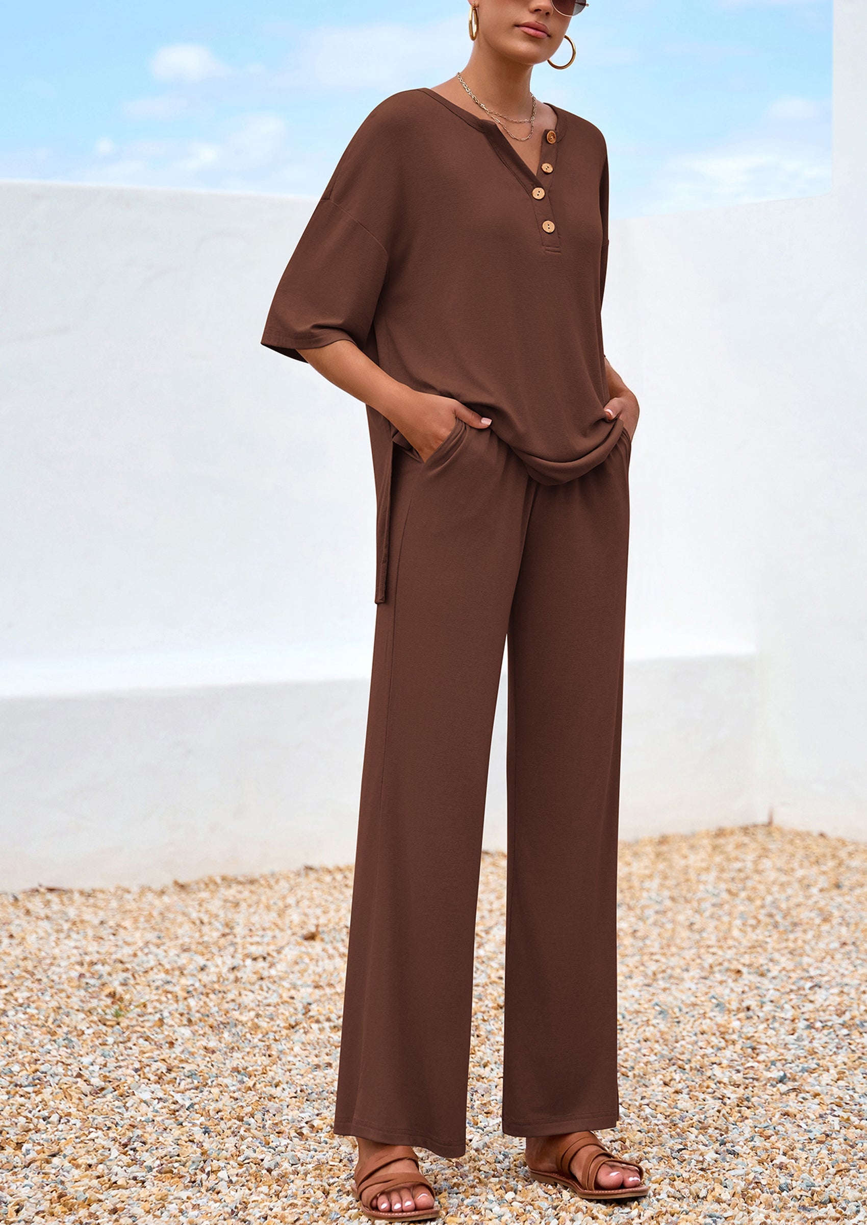 Chichi Women's 2 Piece Outfits Summer Casual V Neck Short Sleeve Tops Wide Leg Pants Matching Lounge Sets Brown