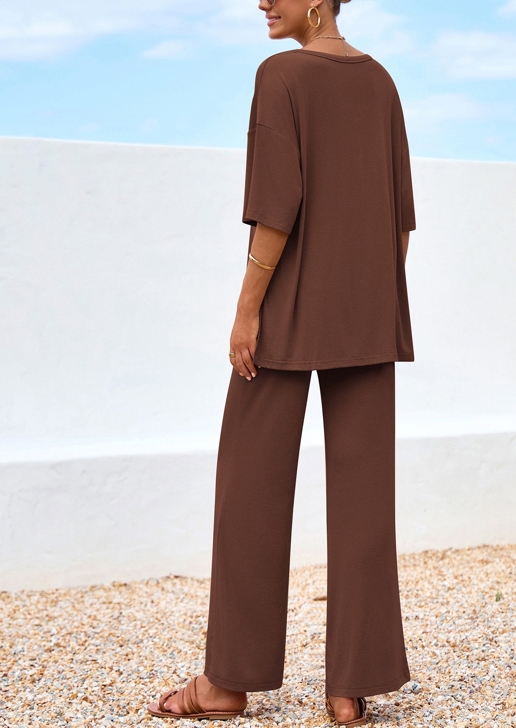 Chichi Women's 2 Piece Outfits Summer Casual V Neck Short Sleeve Tops Wide Leg Pants Matching Lounge Sets Brown