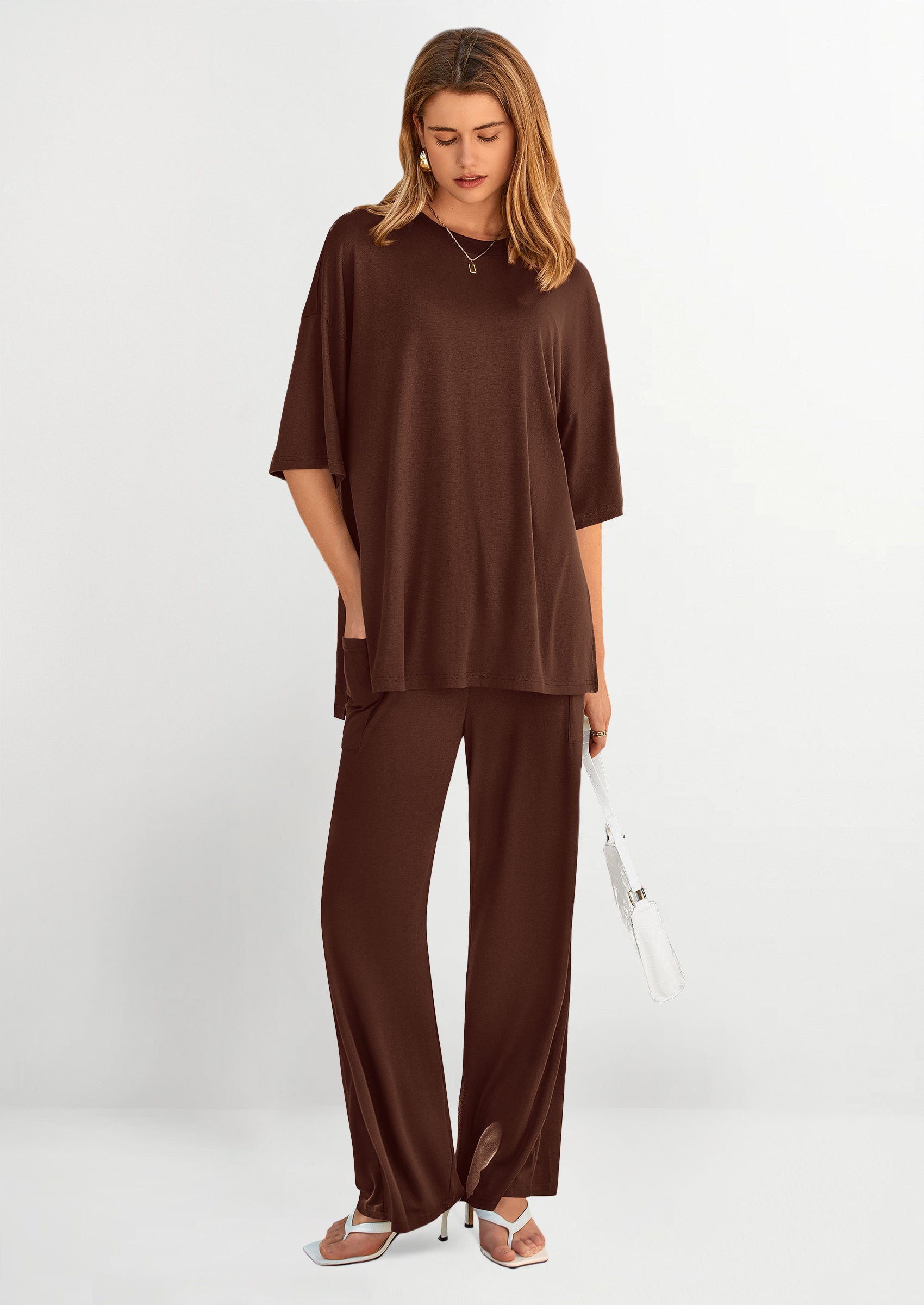 Chichi Women's 2 Piece Outfits Casual Short Sleeve Pullover Tops and Wide Leg Pants Lounge Sets Tracksuits Light Coffee